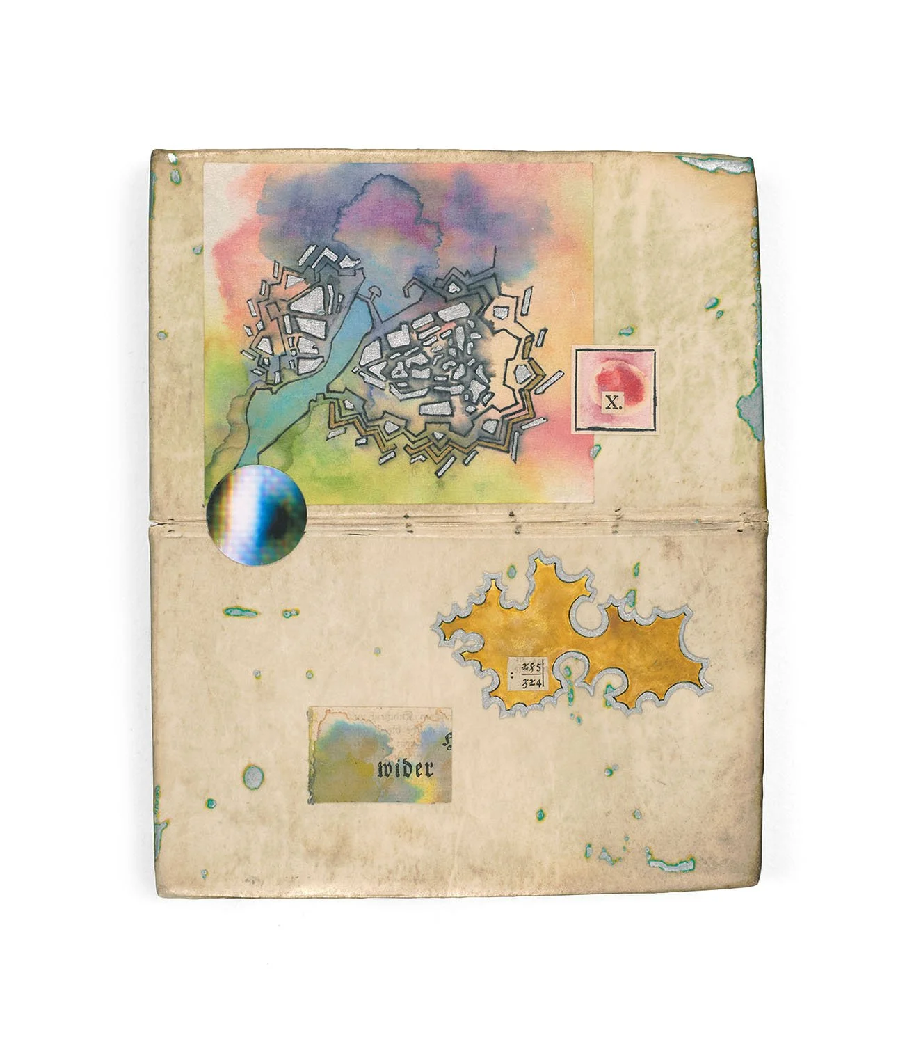   Rumored Book IV wider  2025, Ink, watercolor,  inkjet, antiquarian book  collage on binders boards 7.625 x 9.375” 