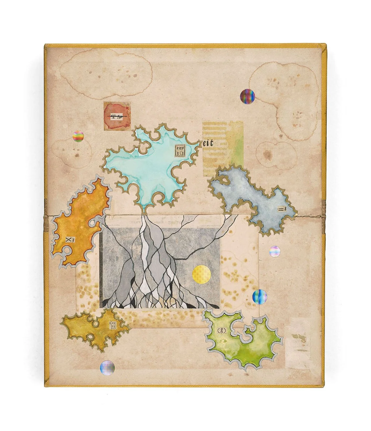   Rumored Book V  2025, Ink, watercolor,  inkjet, antiquarian book  collage on binders boards 8.5 x 6.75” 