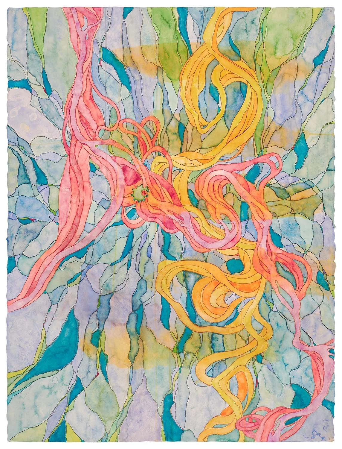   a meandering of the wheel  2026, ink and watercolor  on paper, 30 x 22.5” 