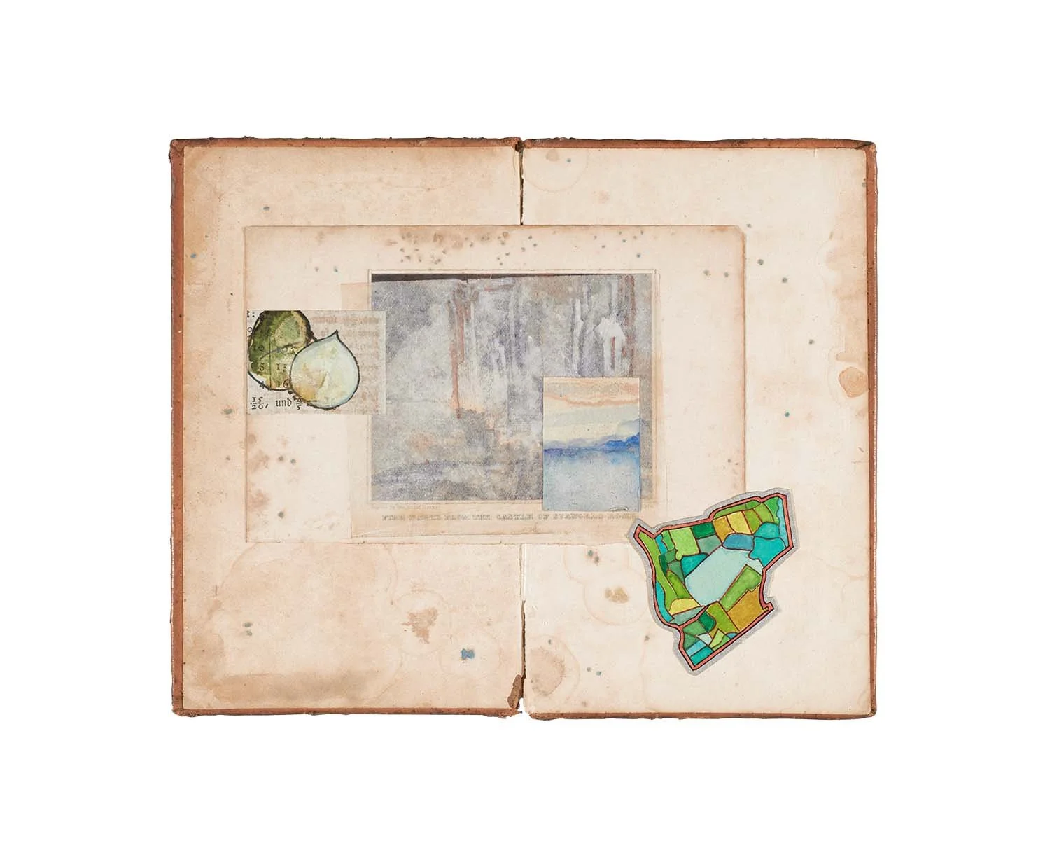   from the castle  2026, ink, watercolor, antiquarian book  collage on binders  boards,  7.125 x 8.75” 