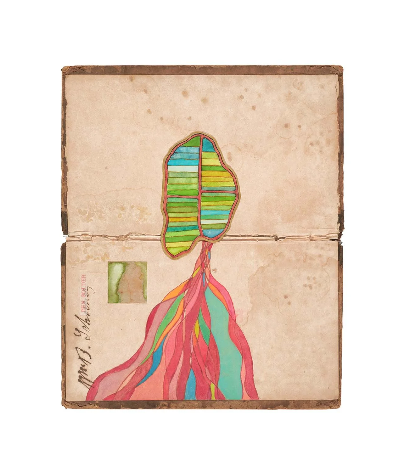   den polder  2026, ink, watercolor  collage on antiquarian  book binders boards,  10.75 x 9.25” 