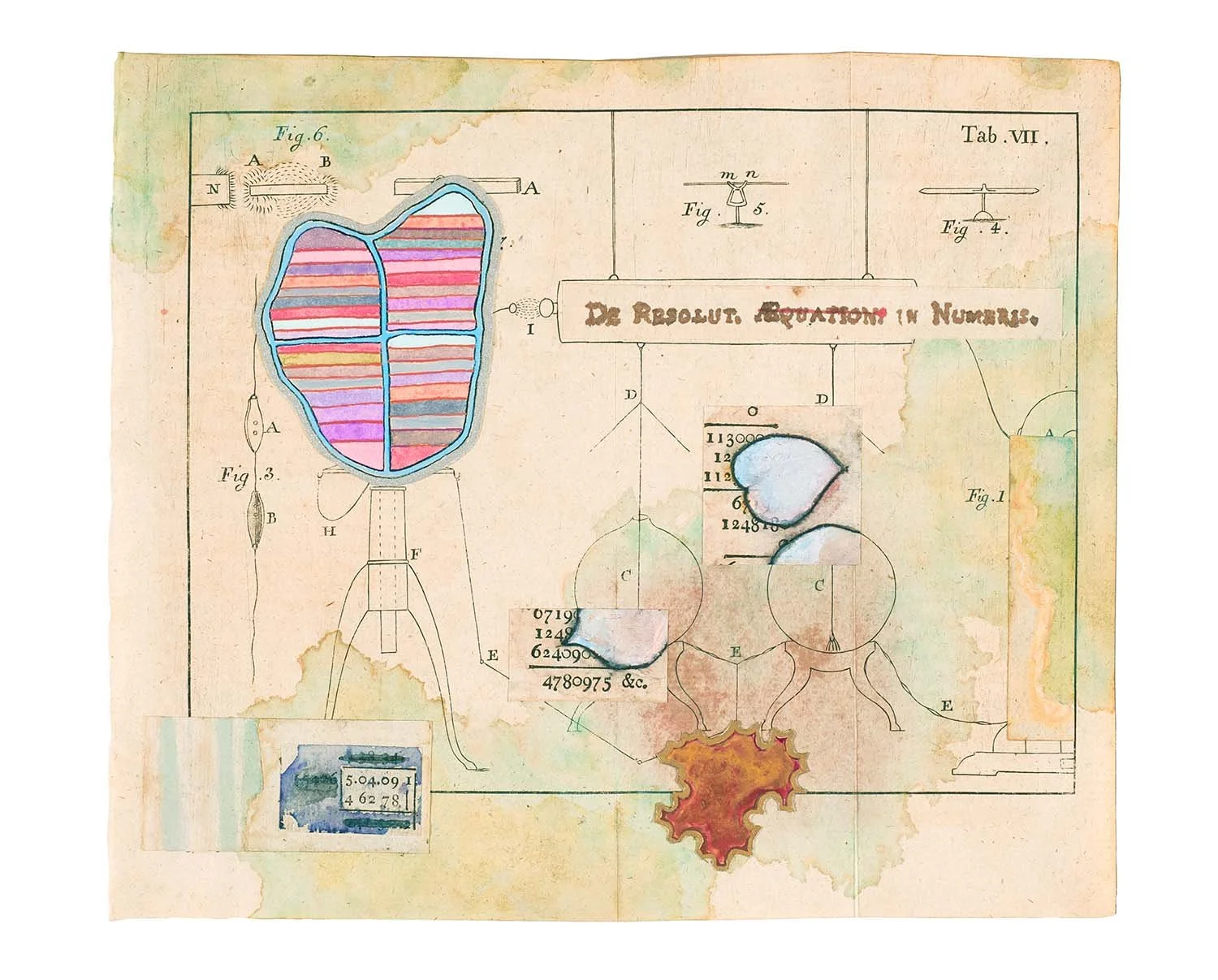   solution  2026, ink, watercolor,  collage on antiquarian  book fold-out paper,  8.75 x 7.5” 