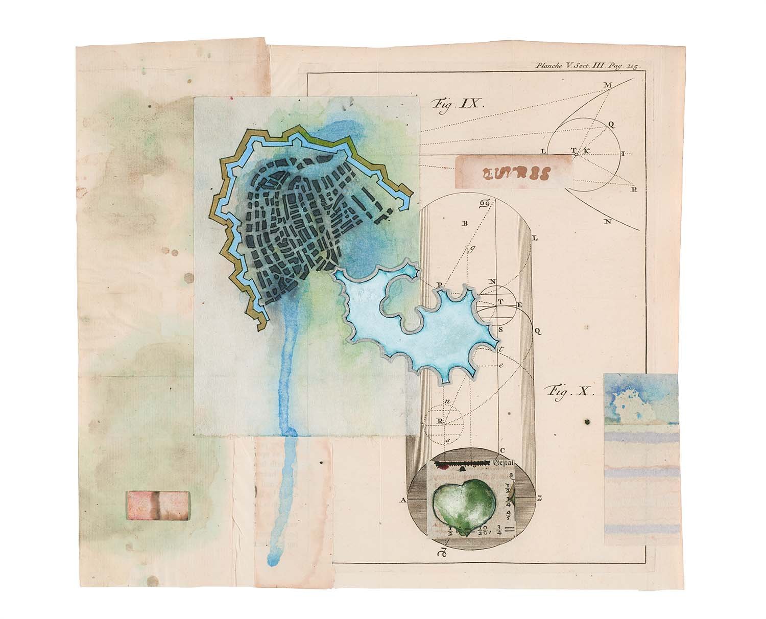   choices  2026, ink, watercolor,  collage on antiquarian  book fold-out paper,  10 x 9” 