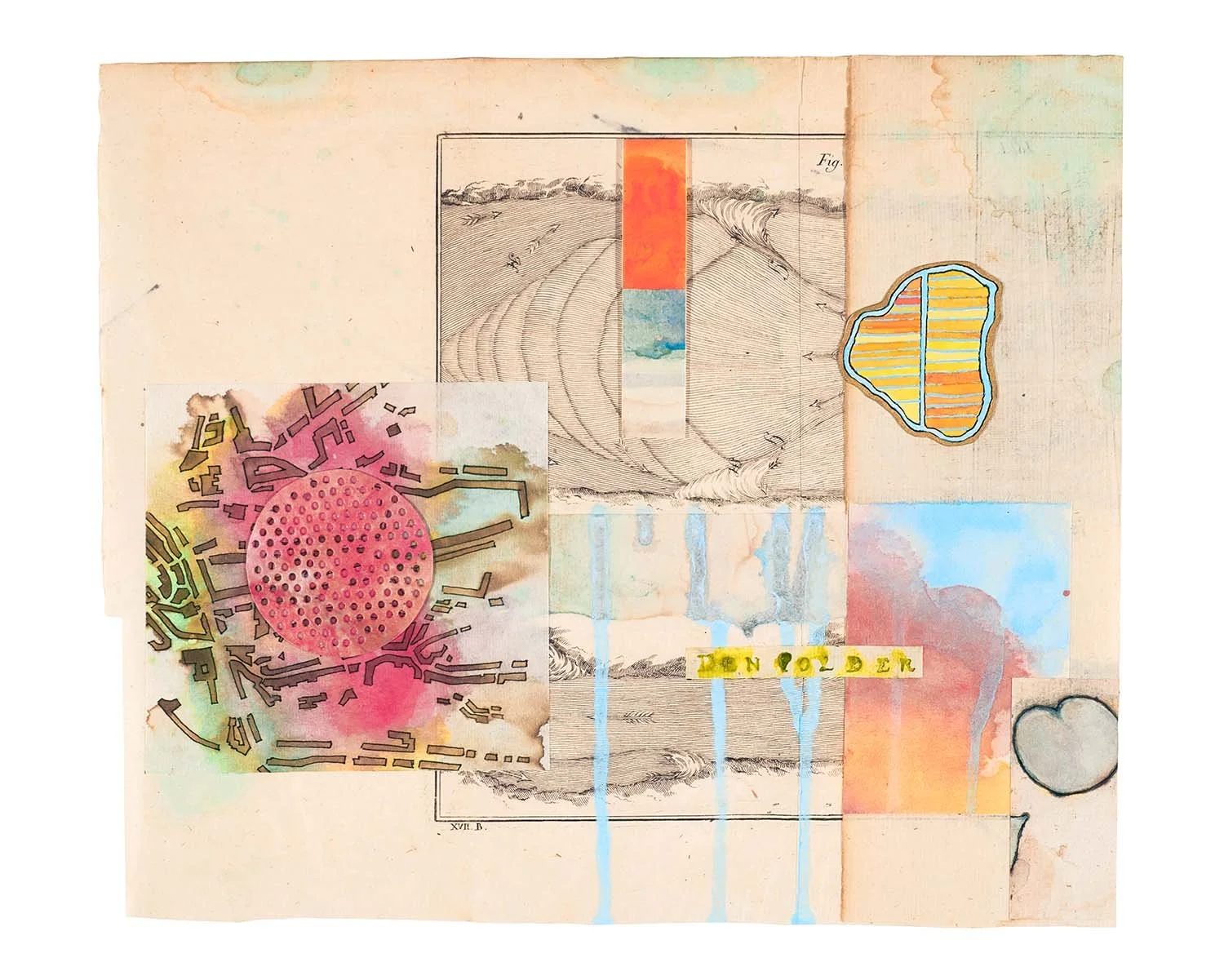   den polder  2026, ink, watercolor,  collage on antiquarian  book fold-out paper,  10.75 x 9.25” 