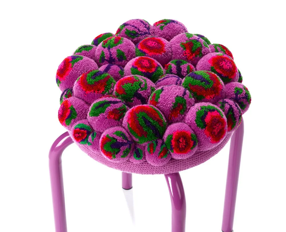 Pompon stool floral upholstery-closeup