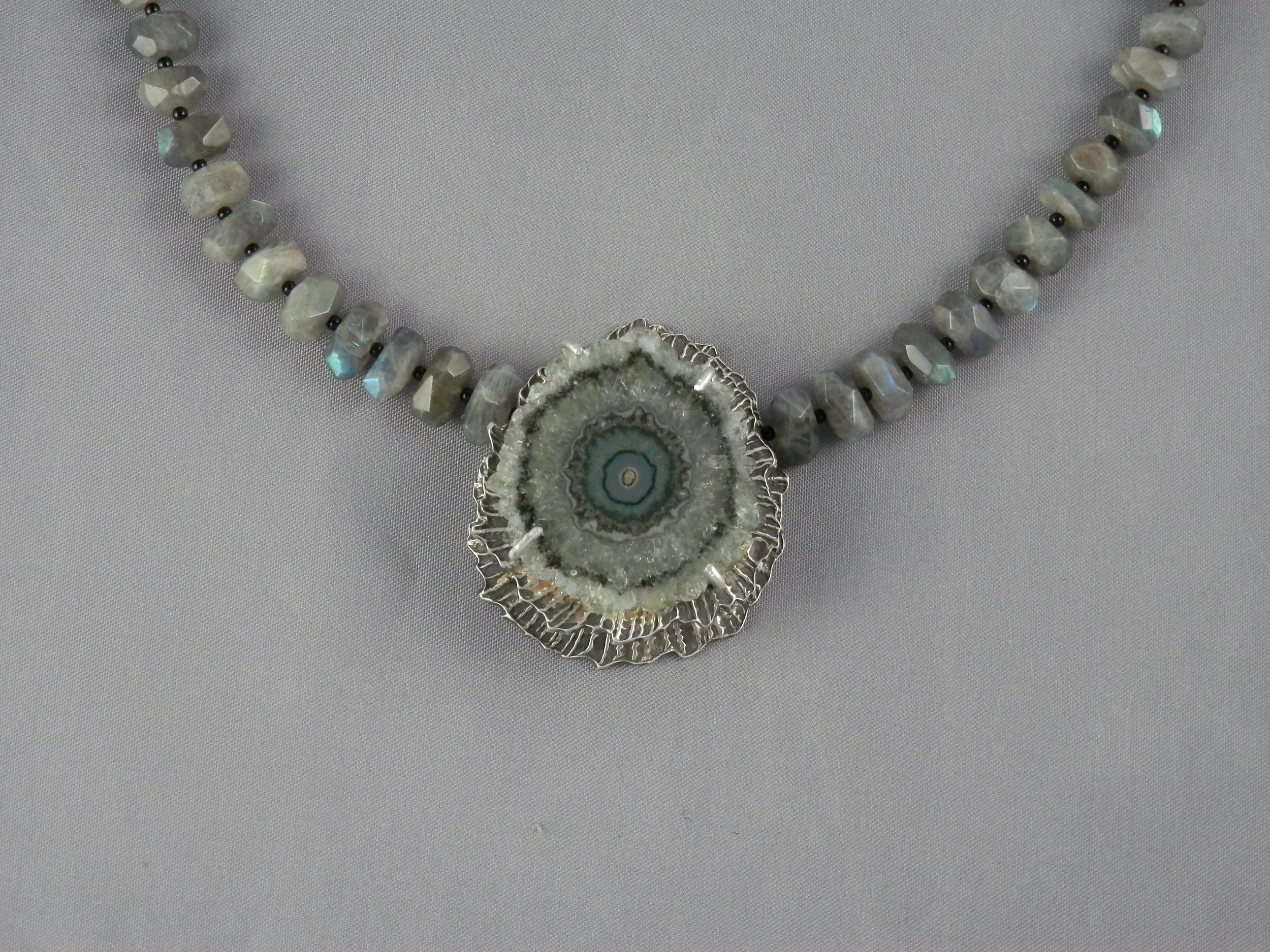 fine silver,quartz stalactite slice, labradorite and onyx