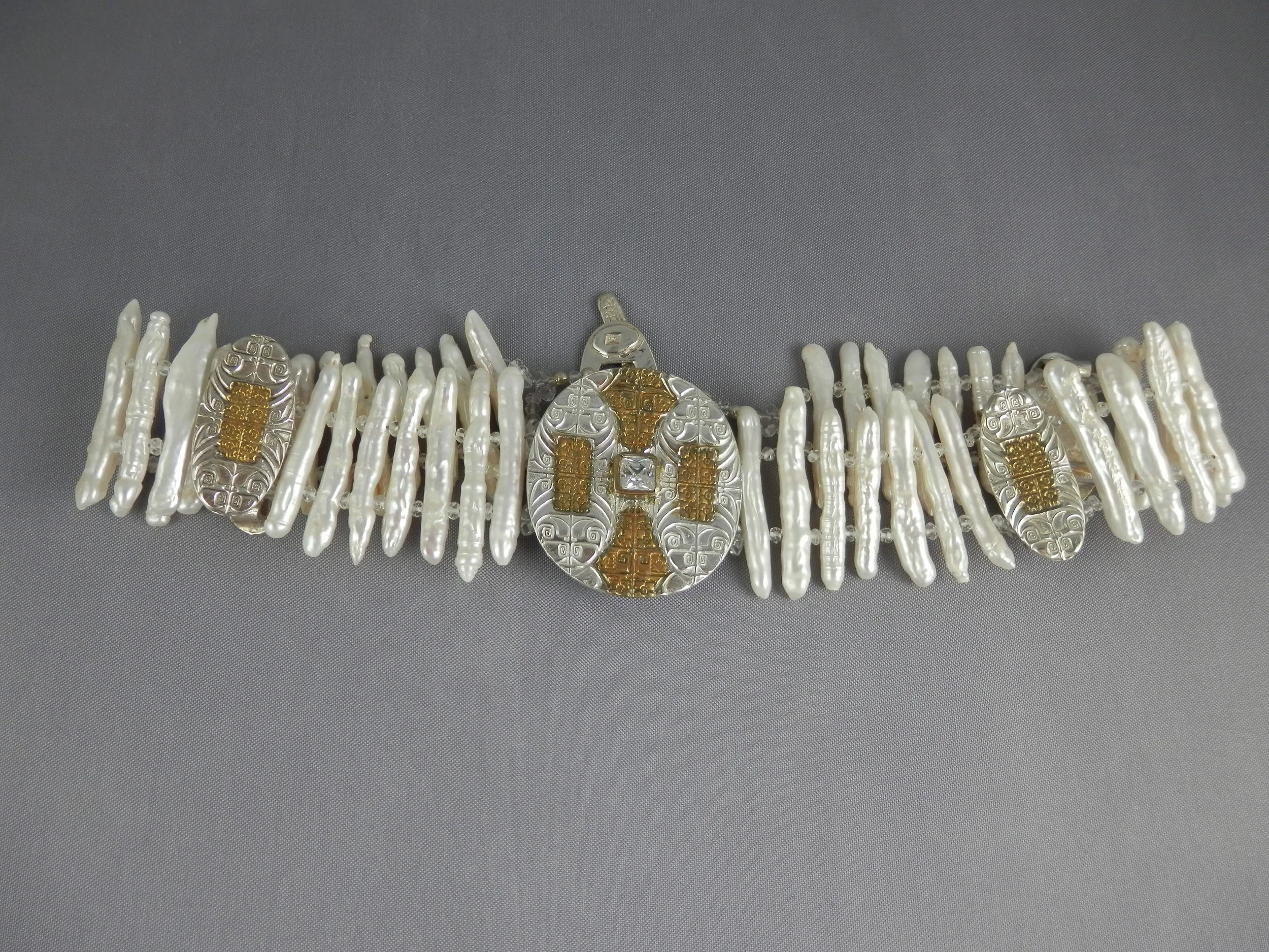 fine silver, gold plating, pearls and quartz