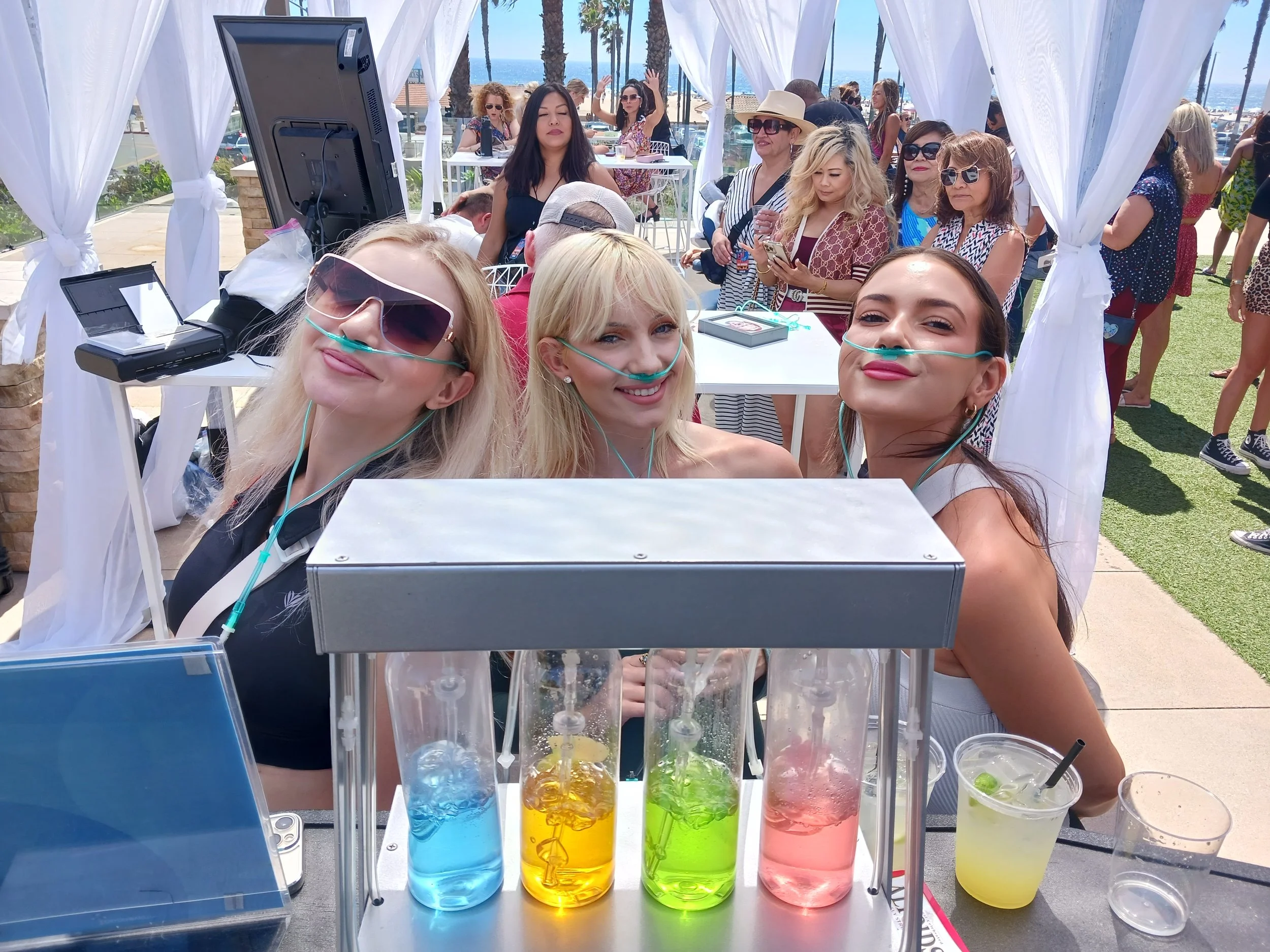 Guests relaxing at a modern oxygen bar with lavender-infused oxygen therapy