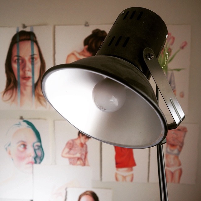 When I work on my paintings I always use this lamp that I got several years ago at an estate sale. I need the extra light to see the nuances in colors which is especially useful in skin tone. Unfortunately my last bulb burned out and I won't be able to get much done until my new bulbs get back in. Fortunately, I have some ideas rolling around that I can develop while I can't work on my current painting