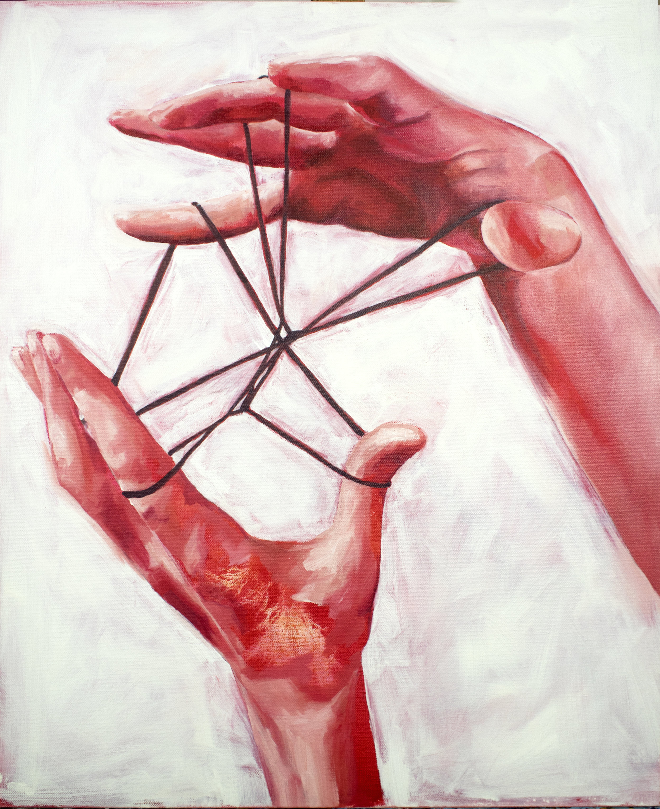 The color of the under painting and that weird separation of the paint in the bottom hand was unplanned and I tried to replicate it and never could. This painting kicked off my pink/red/coral/vermillion obsession.