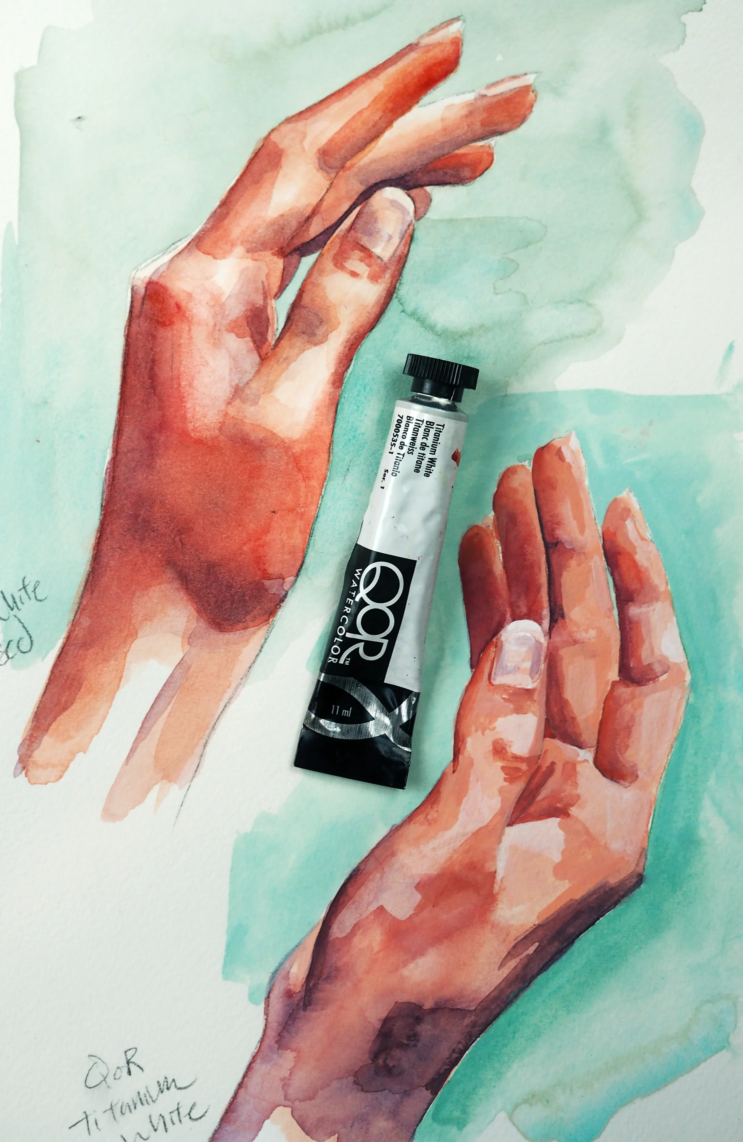 Top hand is painted using transparent watercolors only. Bottom hand has been lighted with Titanium White.
