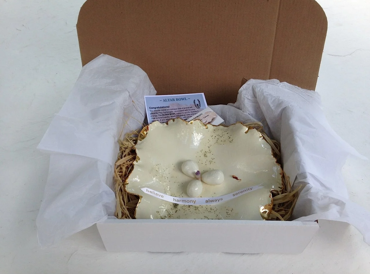 Fairy Altar Bowl (white with glitter glaze) packaged and ready to go… Notice the piece of blessed potpourri from Amaji (the hugging saint), the inclusion of the white ribbon, and the business and instruction cards.