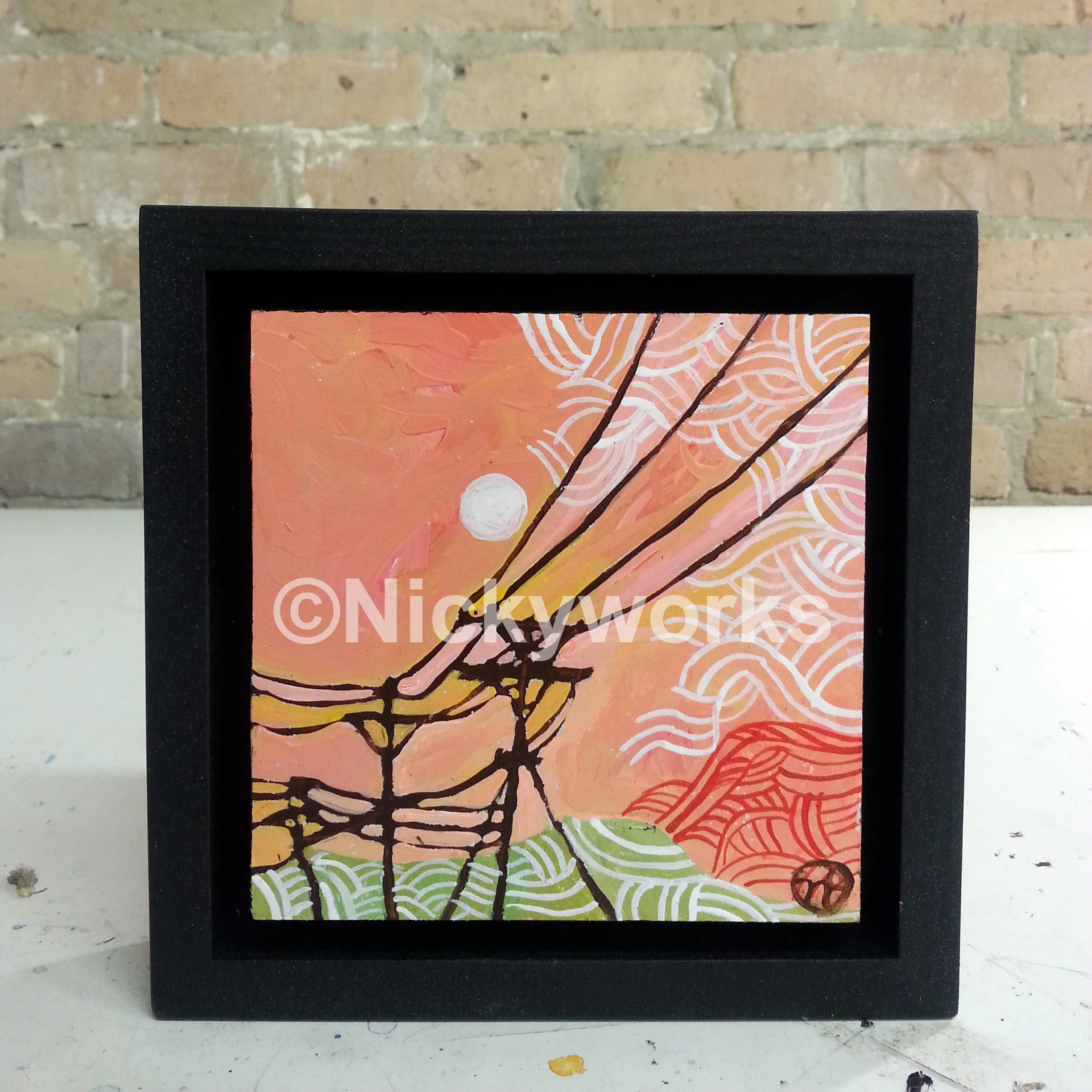 acrylic on wood, 6.75" x 6.75" (including frame), frame is 1.5 inches deep and made locally in the metro area