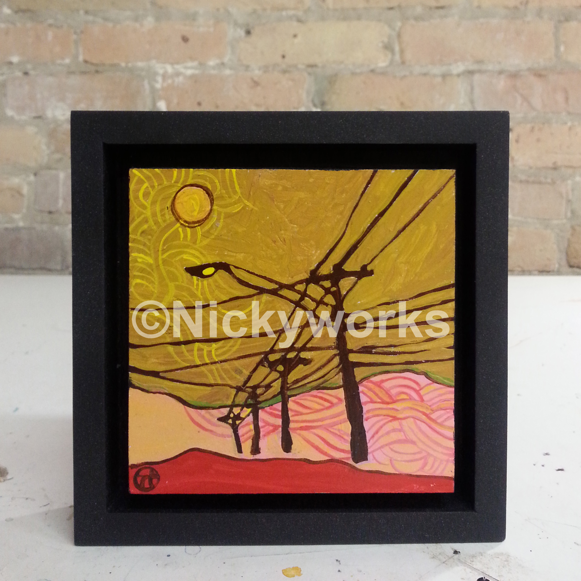 acrylic on wood, 6.75" x 6.75" (including frame), frame is 1.5 inches deep and made locally in the metro area