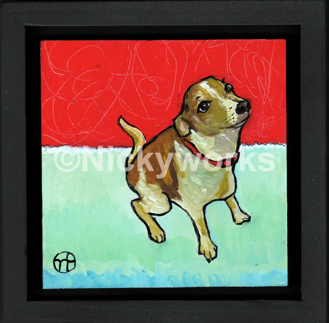 acrylic on wood, 6.75" x 6.75" (including frame), frame is 1.5 inches deep and made locally in the metro area