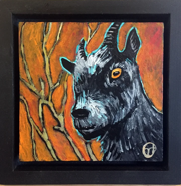 acrylic on wood, 6.5" x 6.5" (including frame), wood frame is 1.5 inches deep and made locally
