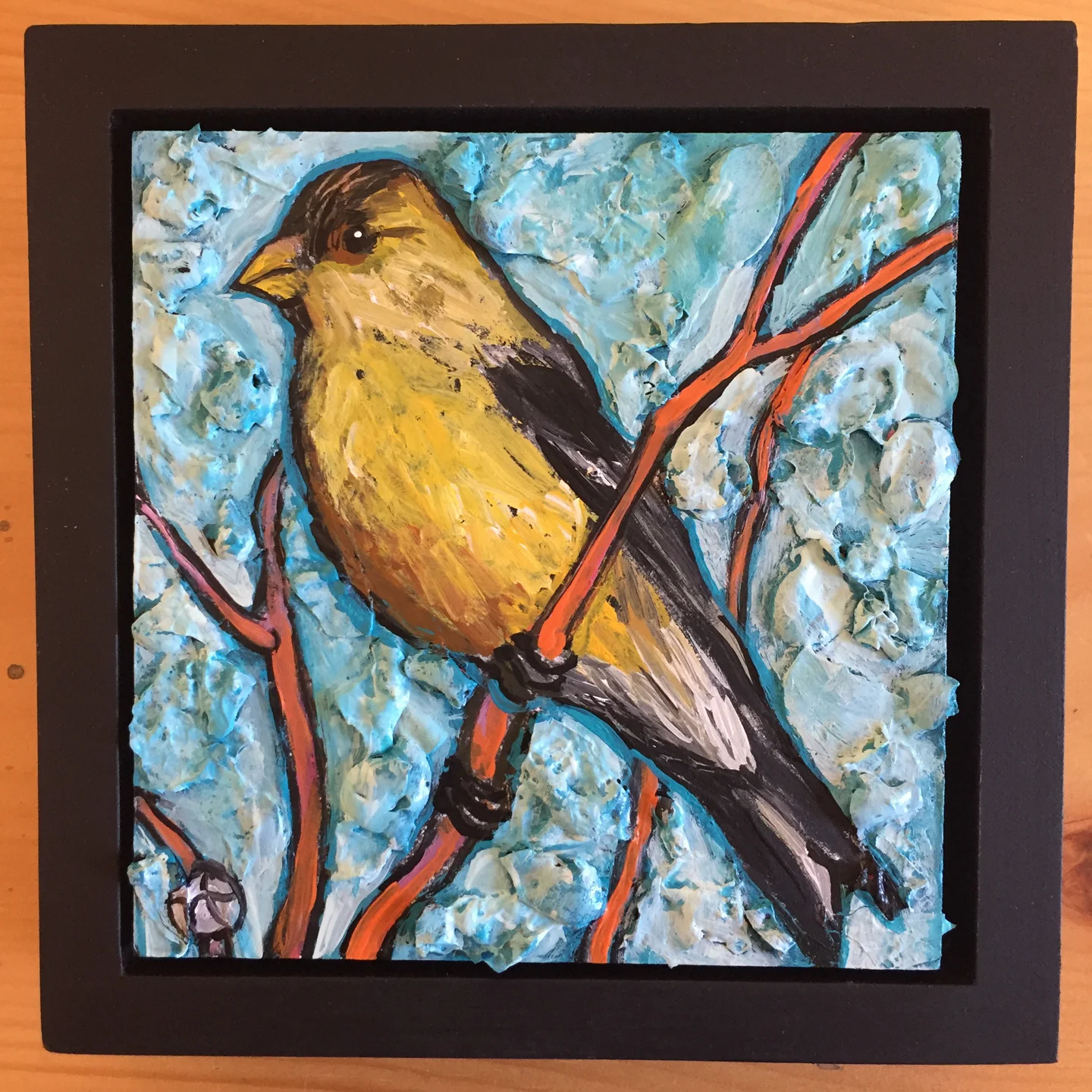 acrylic on wood, 6.5" x 6.5" (including frame), wood frame is 1.5 inches deep and made locally