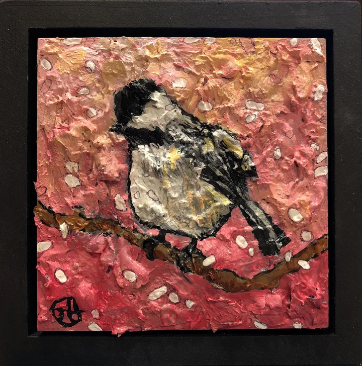 acrylic on wood, 6.5" x 6.5" (including frame), wood frame is 1.5 inches deep and made locally
