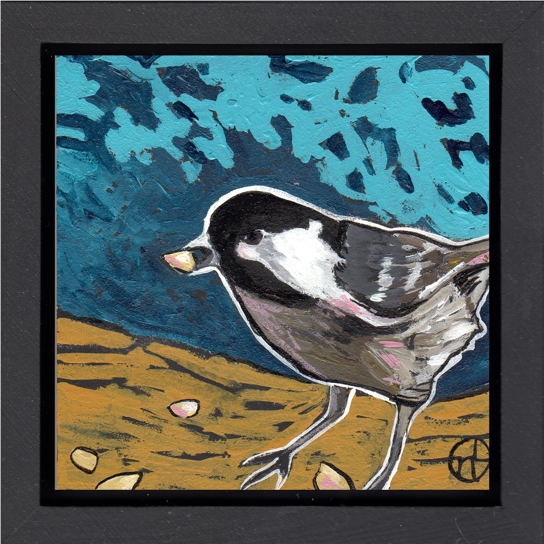 acrylic on wood, 6.5" x 6.5" (including frame), wood frame is 1.5 inches deep and made locally