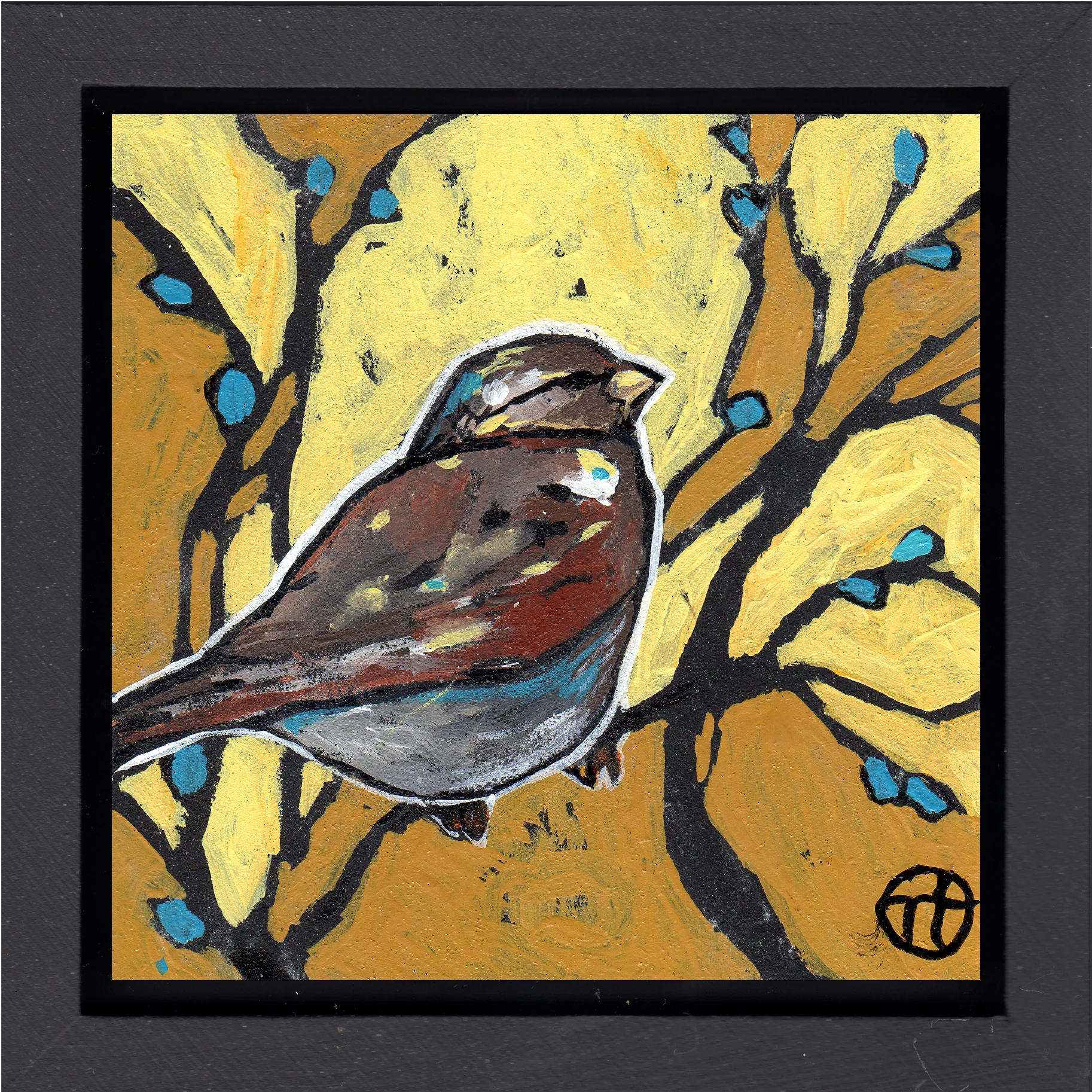 acrylic on wood, 6.5" x 6.5" (including frame), wood frame is 1.5 inches deep and made locally