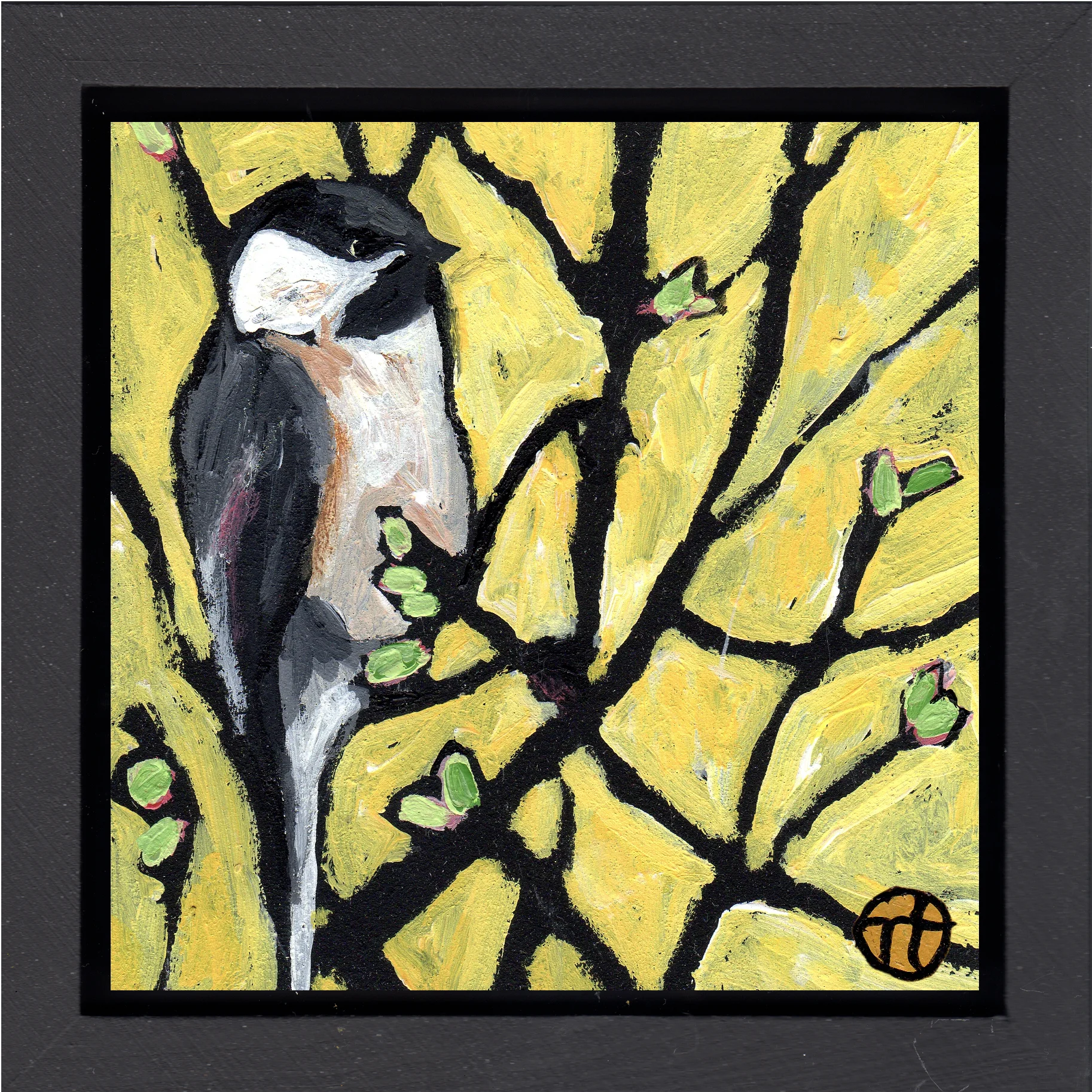 acrylic on wood, 6.5" x 6.5" (including frame), wood frame is 1.5 inches deep and made locally