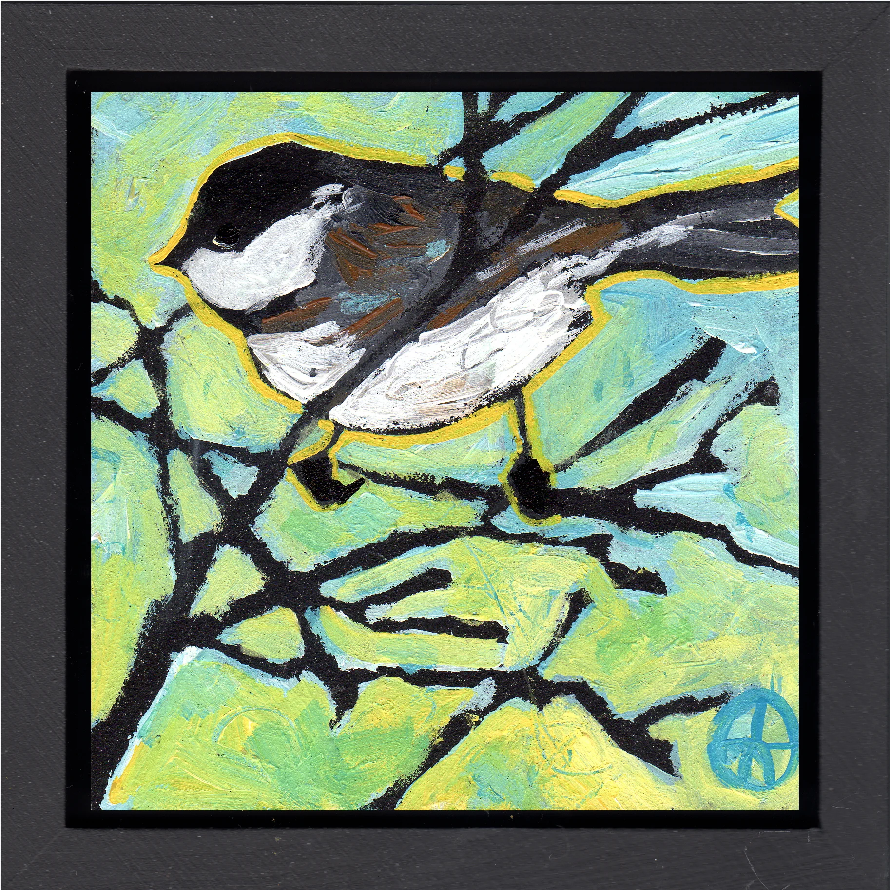 acrylic on wood, 6.5" x 6.5" (including frame), wood frame is 1.5 inches deep and made locally
