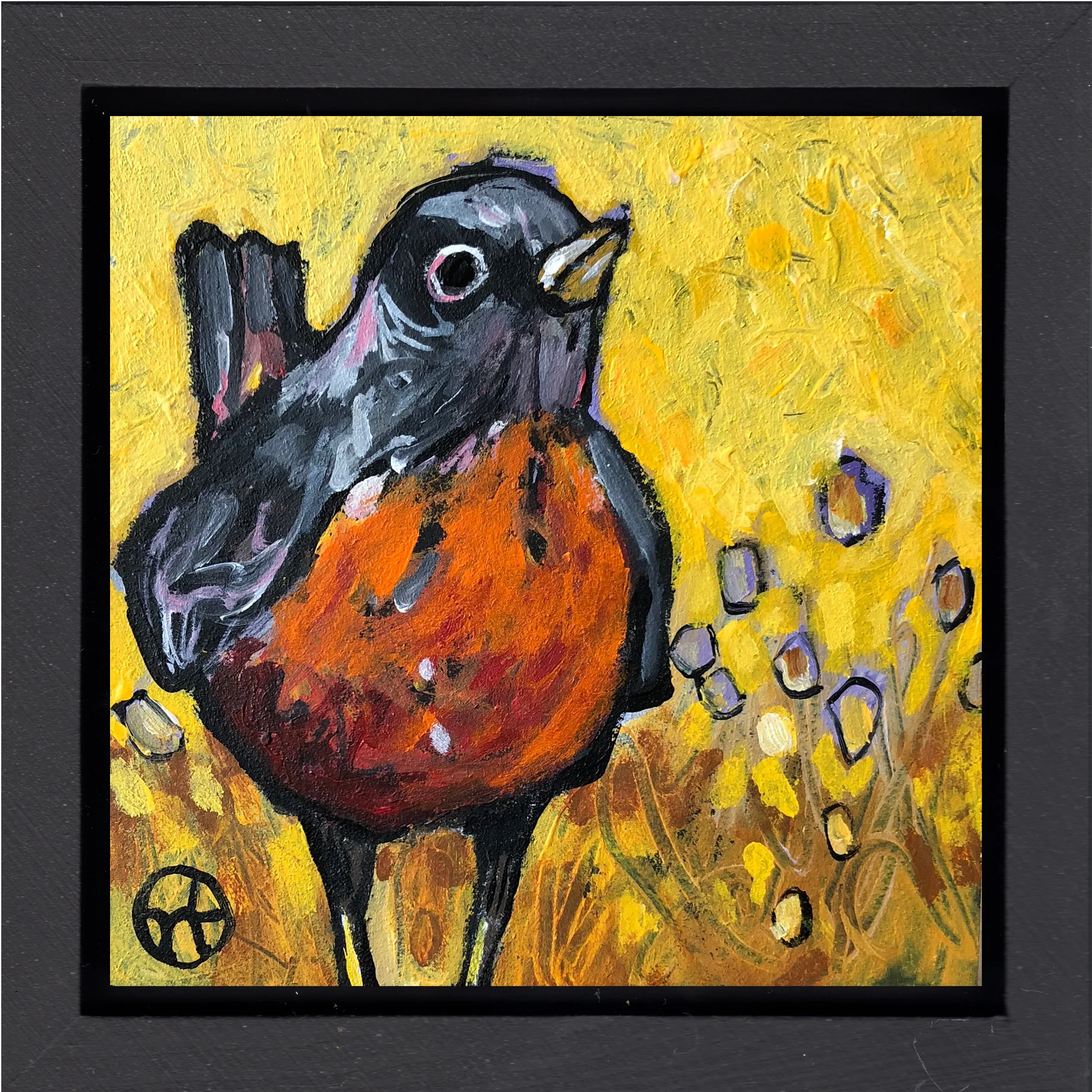 Sometimes I like to alter a painting. This one is variation of another Robin painting. Basically I was studying different colors and composition. acrylic on wood, 6.5" x 6.5" (including frame), wood frame is 1.5 inches deep and made locally