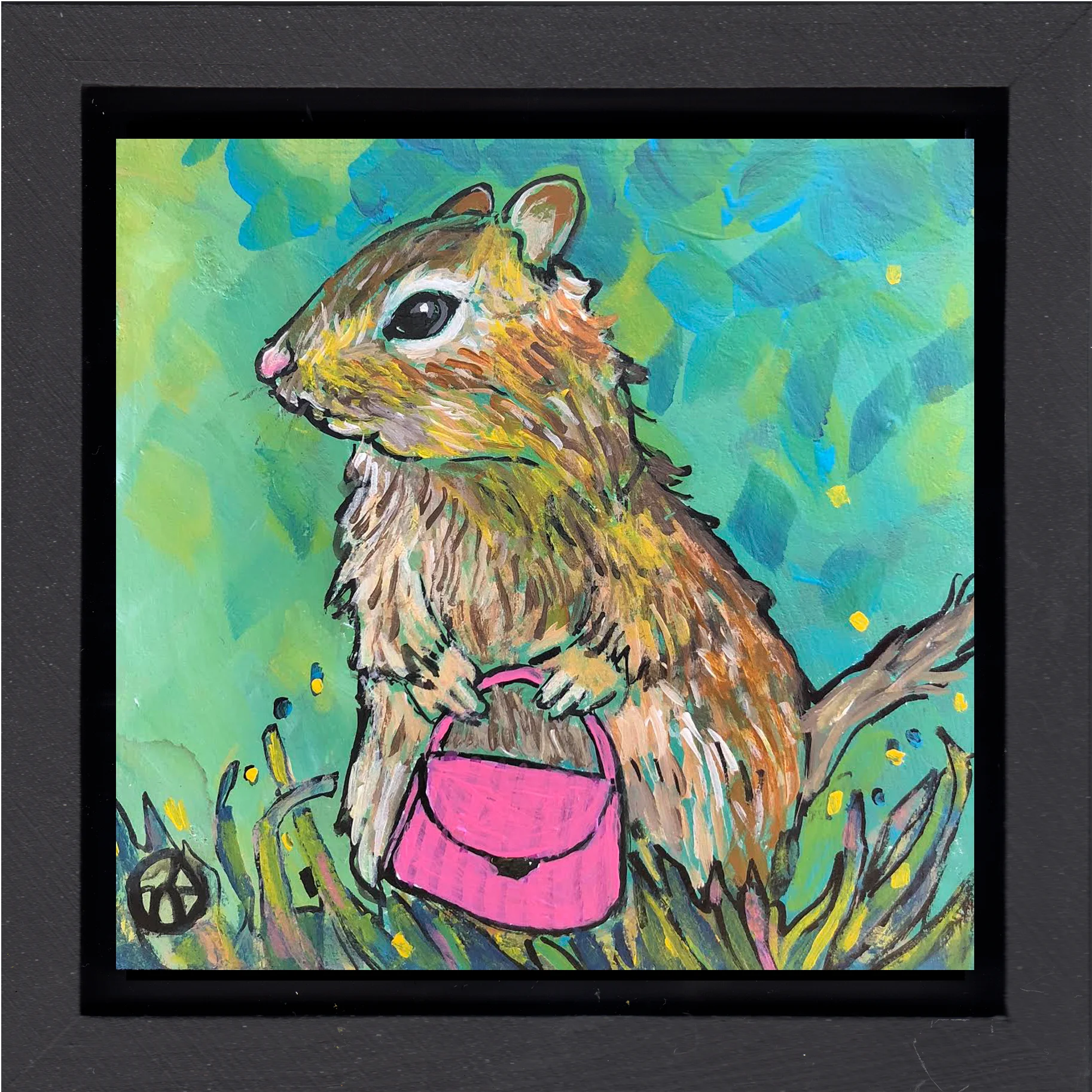 acrylic on wood, 6.5" x 6.5" (including frame), wood frame is 1.5 inches deep and made locally