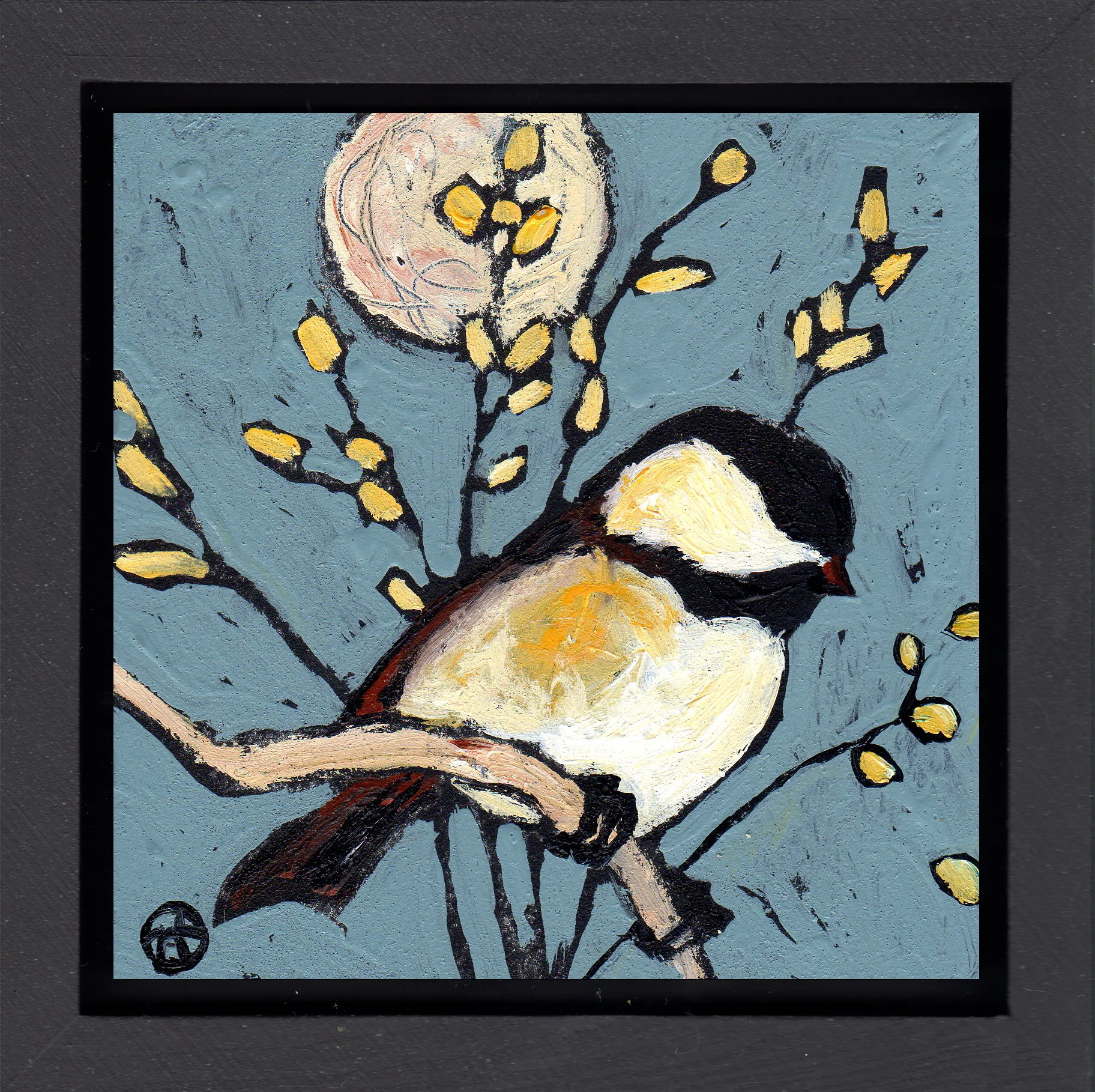 acrylic on wood, 6.5" x 6.5" (including frame), wood frame is 1.5 inches deep and made locally
