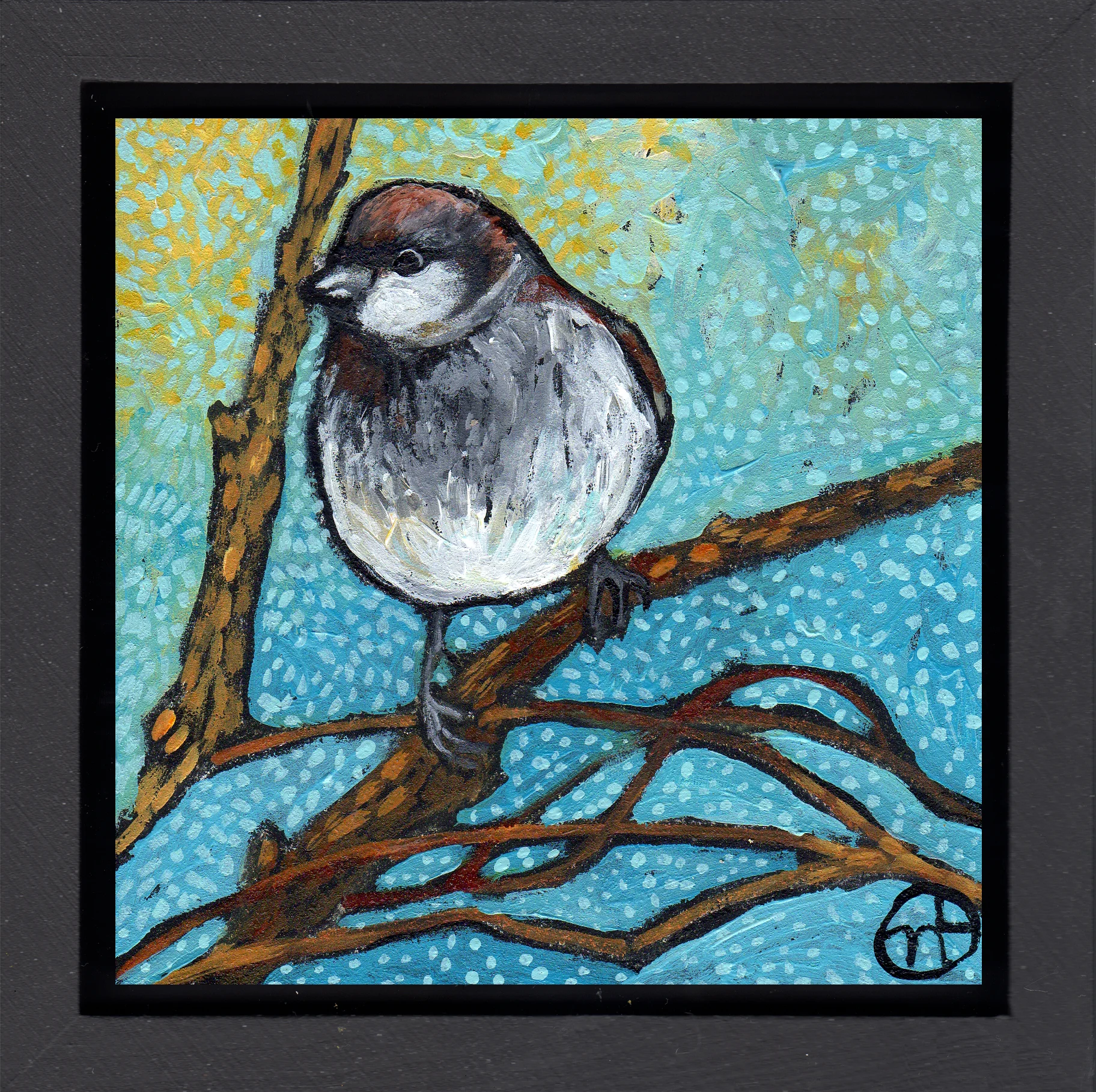 acrylic on wood, 6.5" x 6.5" (including frame), wood frame is 1.5 inches deep and made locally
