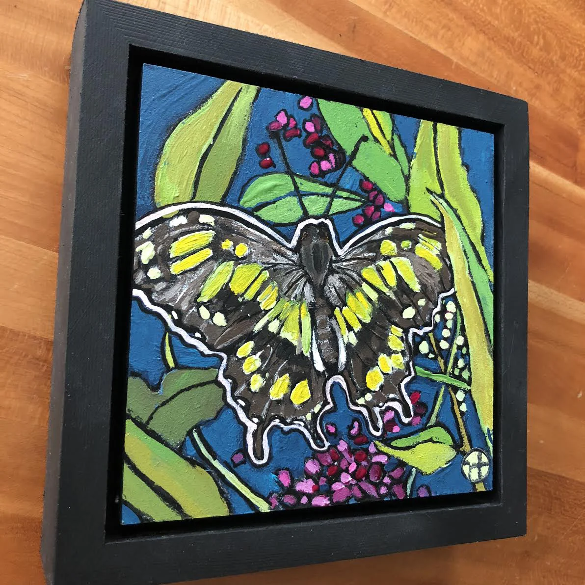 Sold. Day 11: Malachite butterfly based on a photo sent to me by a wonderful teacher and friend. acrylic on wood 6.5 x 6.5 inches, 1.5 inch deep wood frame