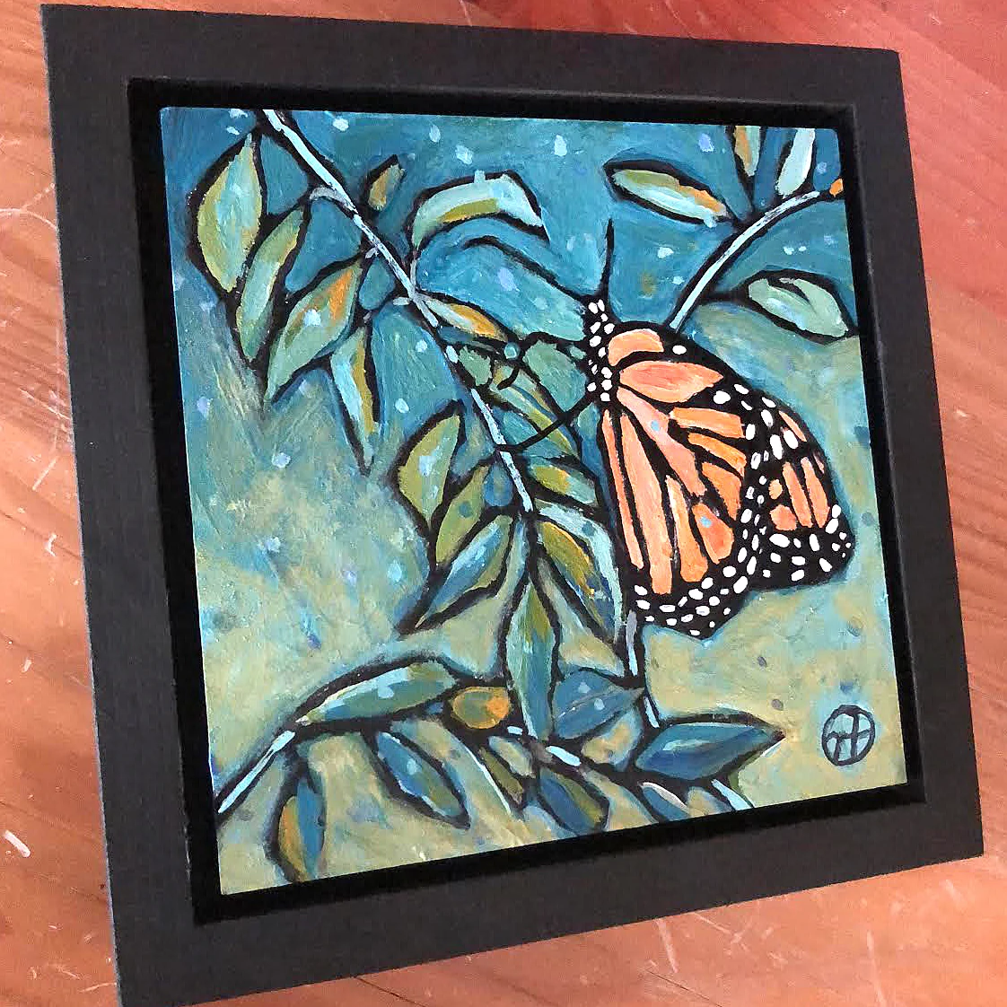 Sold. Day 12: Everyone’s perennial favorite! A Monarch! acrylic on wood 6.5 x 6.5 inches, 1.5 inch deep wood frame