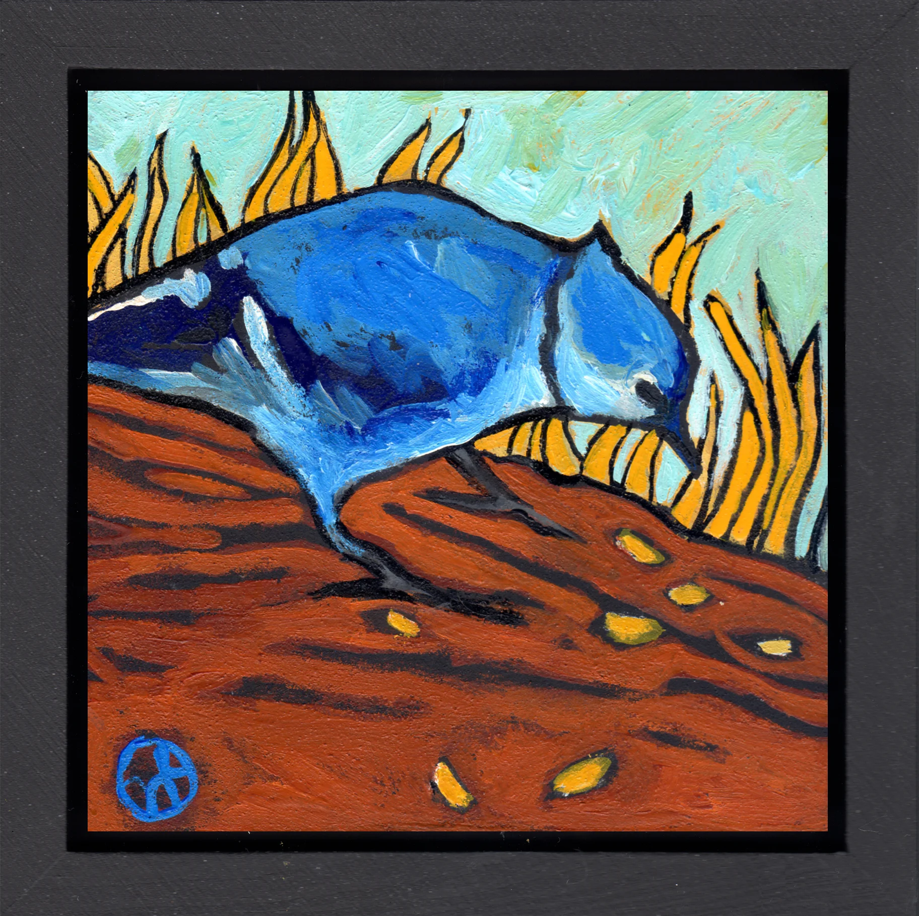 acrylic on wood, 6.5" x 6.5" (including frame), wood frame is 1.5 inches deep and made locally
