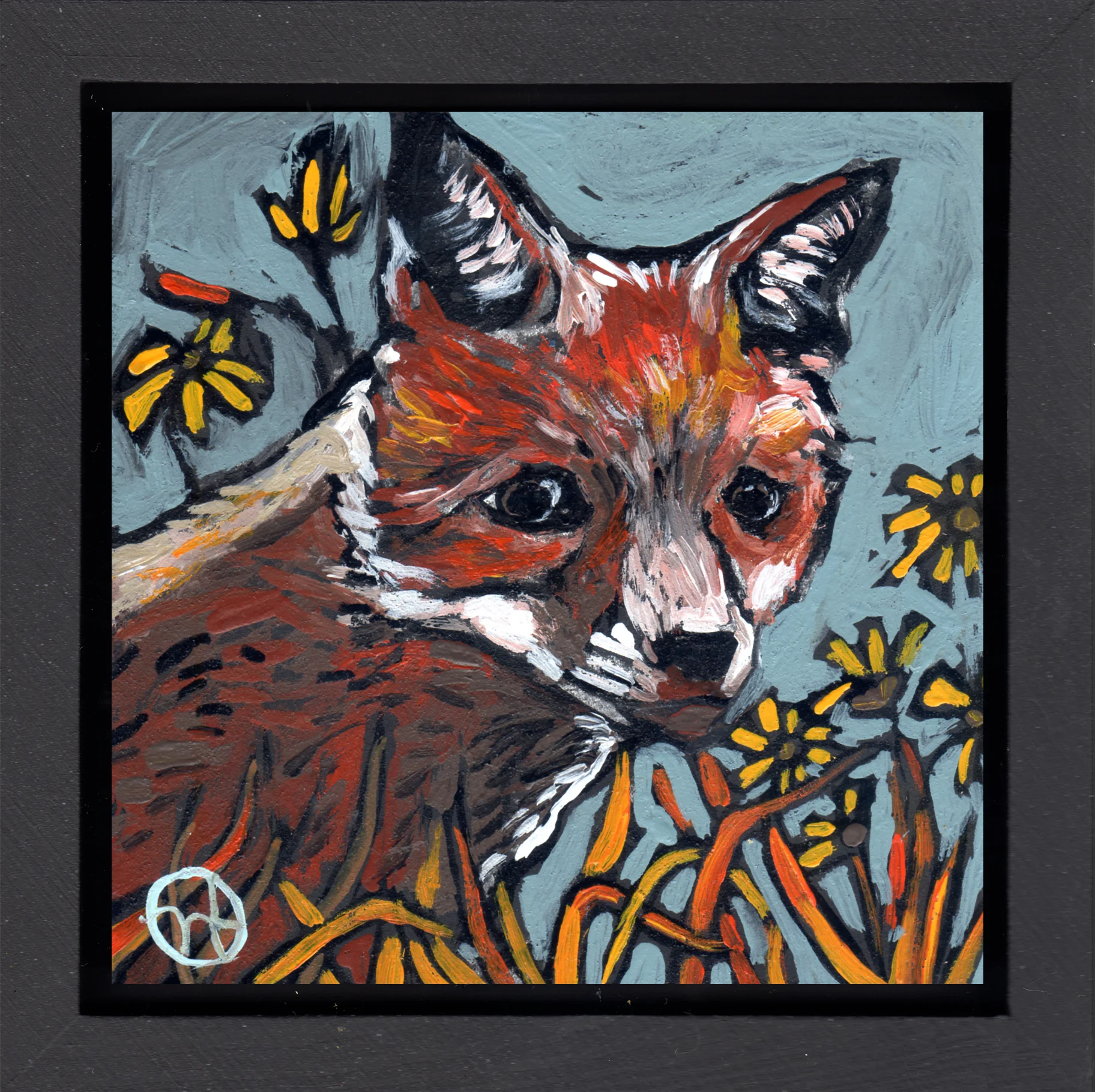 acrylic on wood, 6.5" x 6.5" (including frame), wood frame is 1.5 inches deep and made locally
