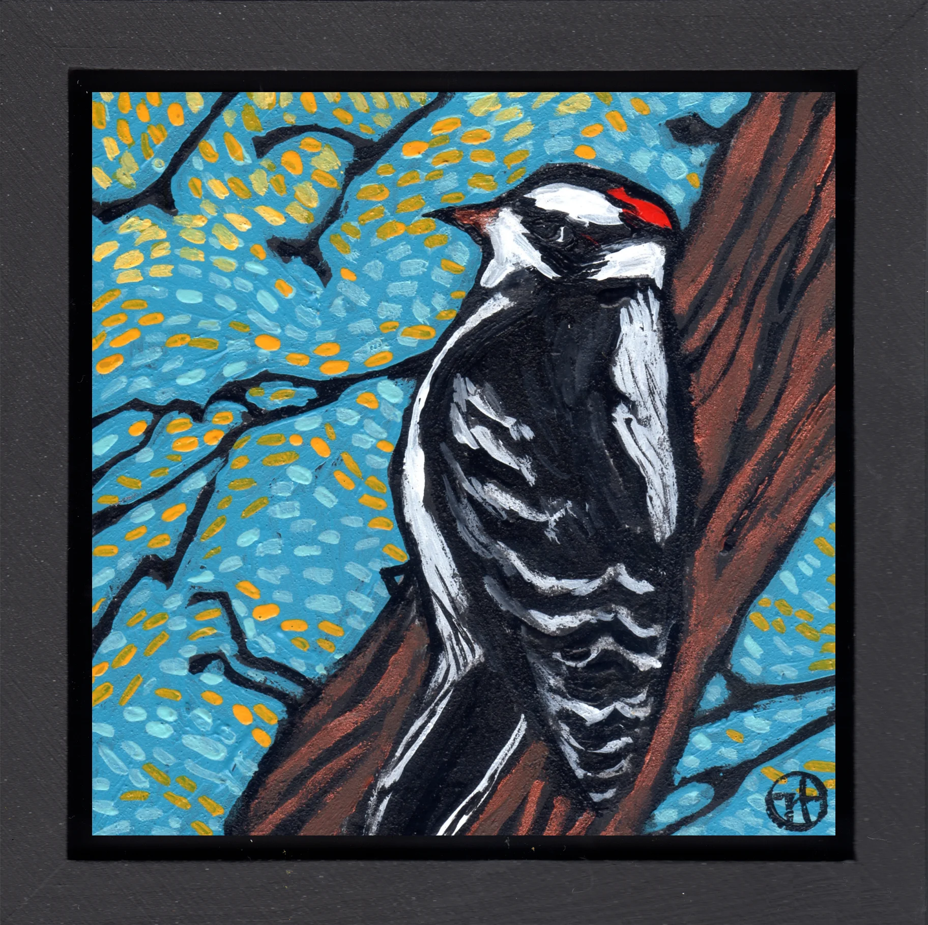 acrylic on wood, 6.5" x 6.5" (including frame), wood frame is 1.5 inches deep and made locally