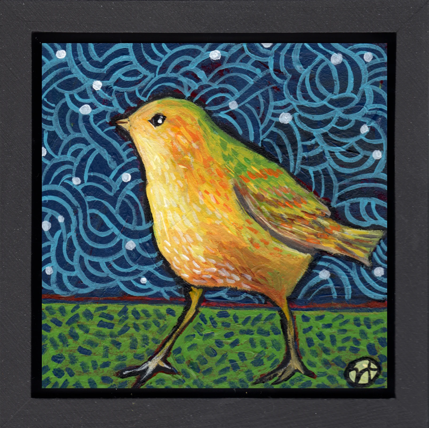 acrylic on wood, 6.5" x 6.5" (including frame), wood frame is 1.5 inches deep and made locally