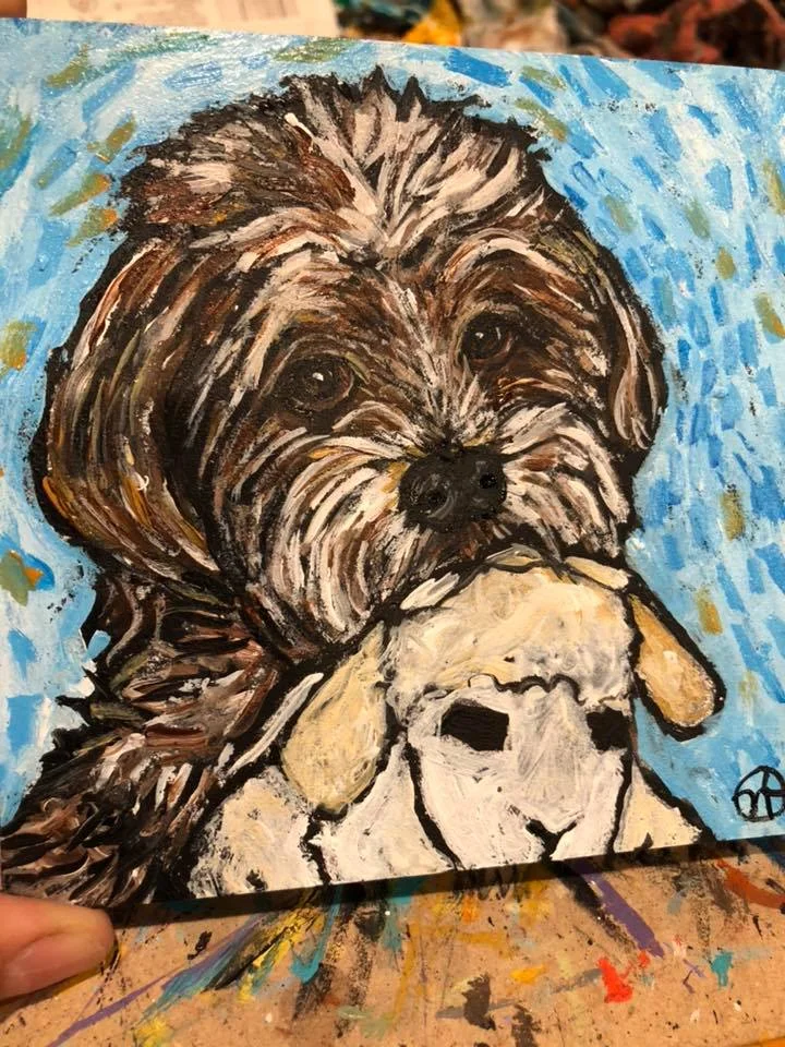 acrylic on wood, 5 x 5 inches, with frame is 6.5 x 6.5 inches https://www.nickyworks.com/contact/