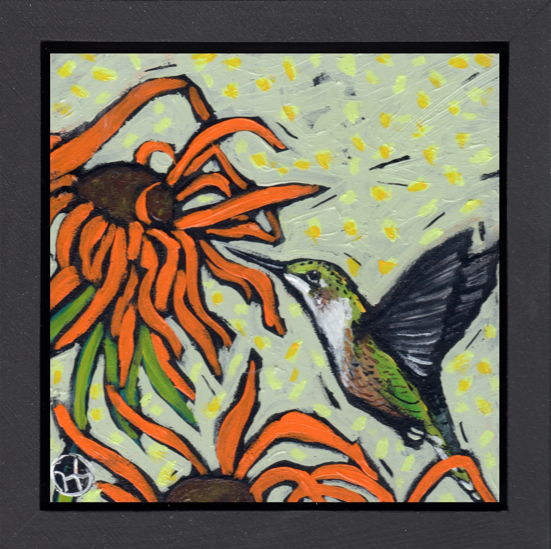 acrylic on wood, 6.5" x 6.5" (including frame), wood frame is 1.5 inches deep and made locally