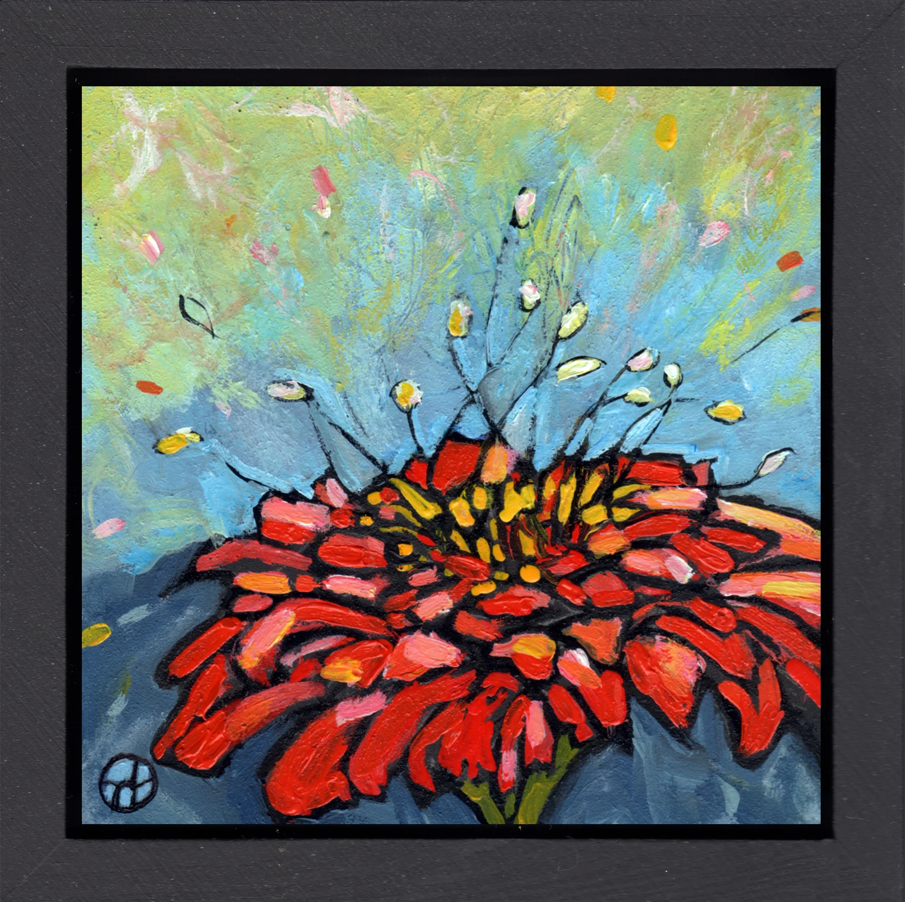 acrylic on wood, 6.5" x 6.5" (including frame), wood frame is 1.5 inches deep and made locally