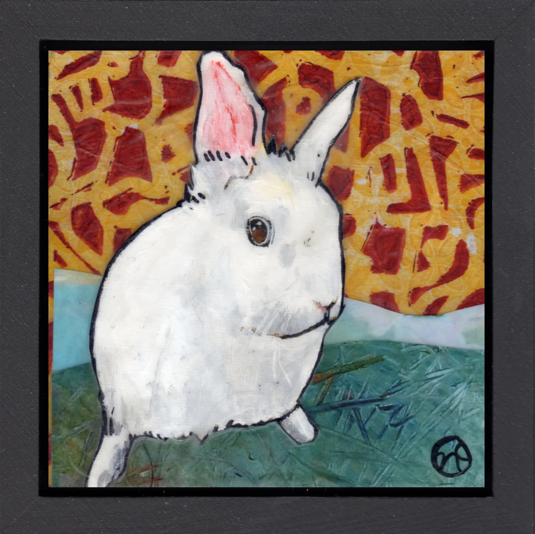 paper and acrylic on wood, 6.5" x 6.5" (including frame), wood frame is 1.5 inches deep and made locally