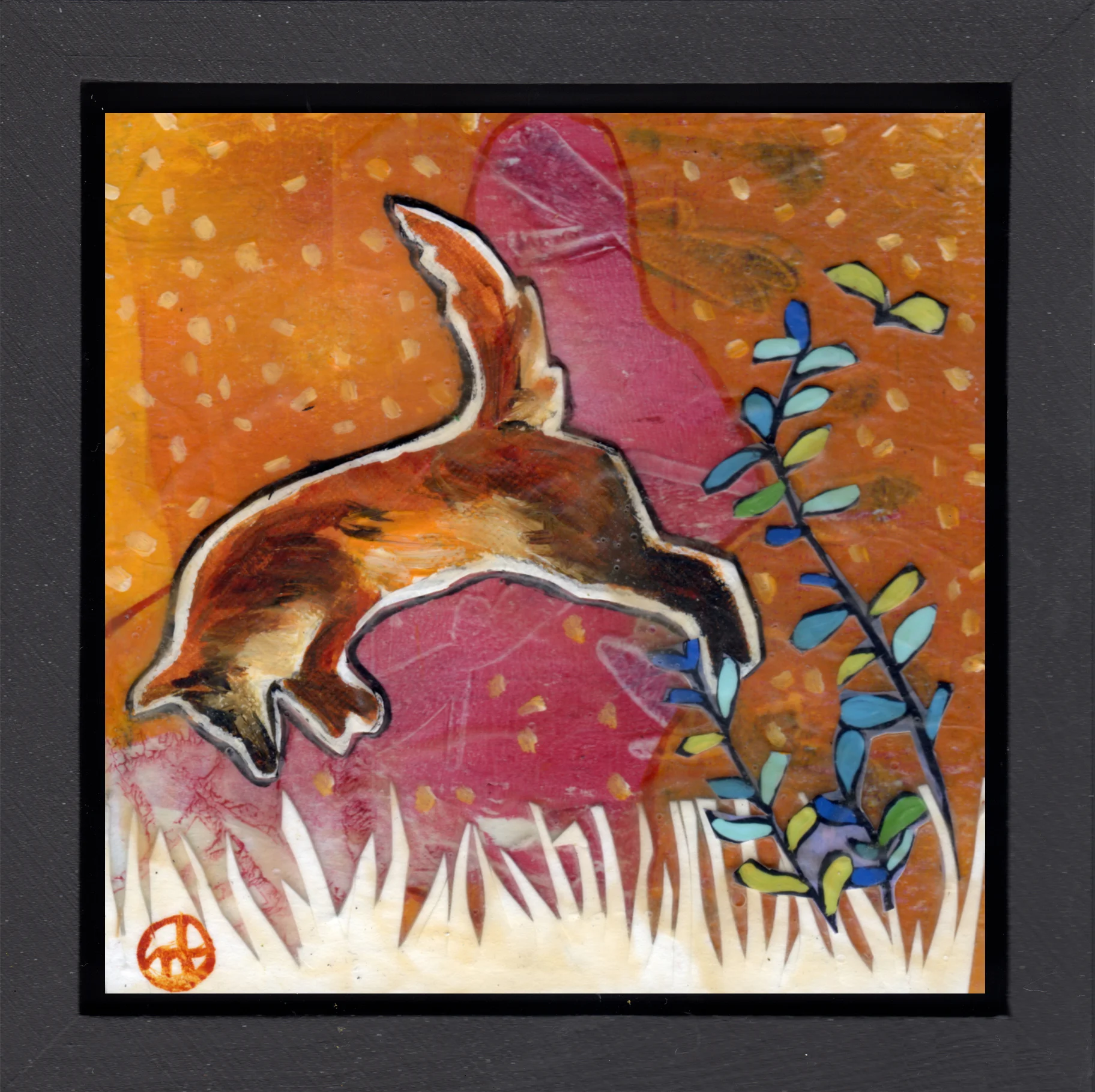 paper and acrylic on wood, 6.5" x 6.5" (including frame), wood frame is 1.5 inches deep and made locally