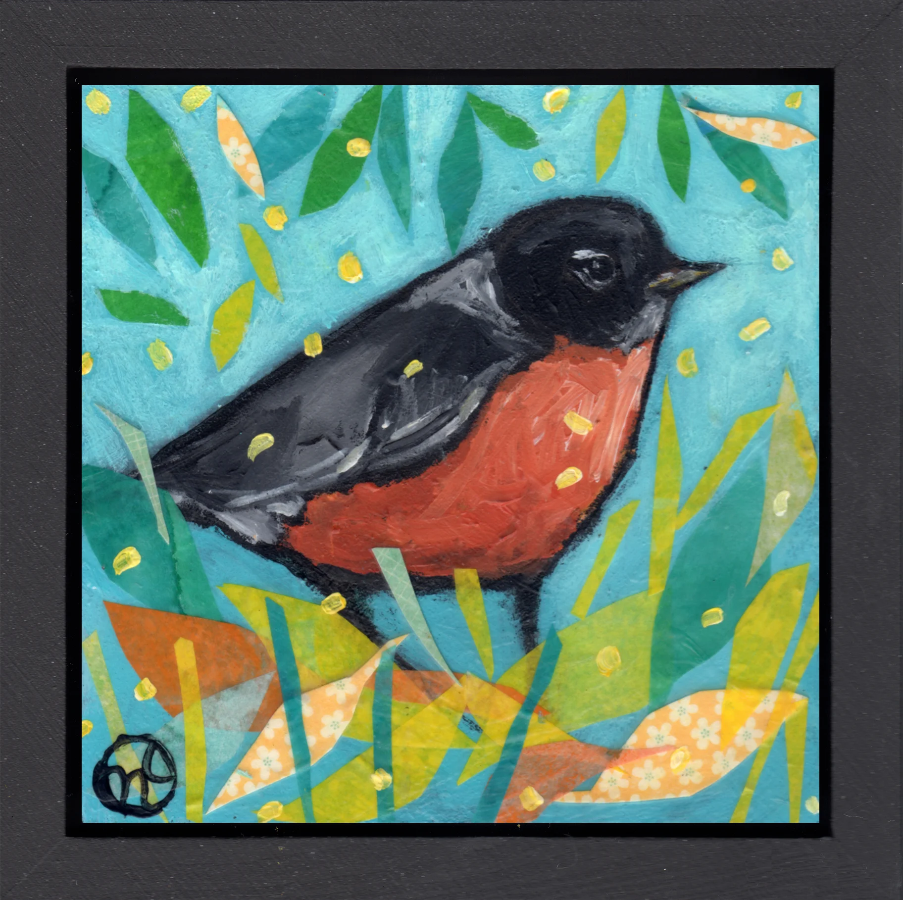 acrylic and paper on wood, 6.5" x 6.5" (including frame), wood frame is 1.5 inches deep and made locally