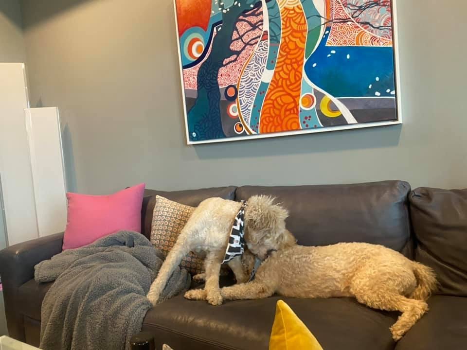  My paintings fit well within a comfortable setting. And they're dog proof!! 