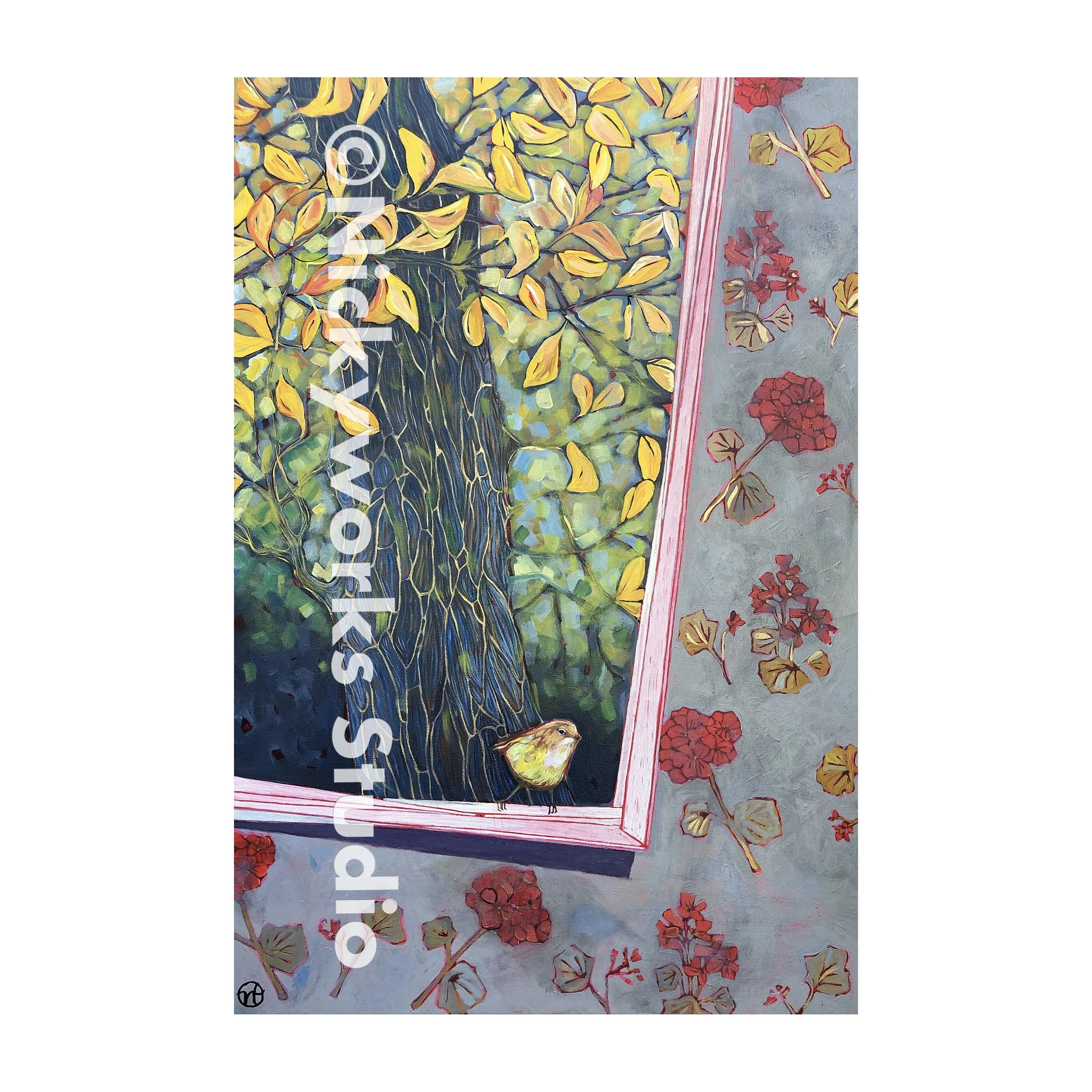 painting of warbler sitting on a window sill, painting of warbler