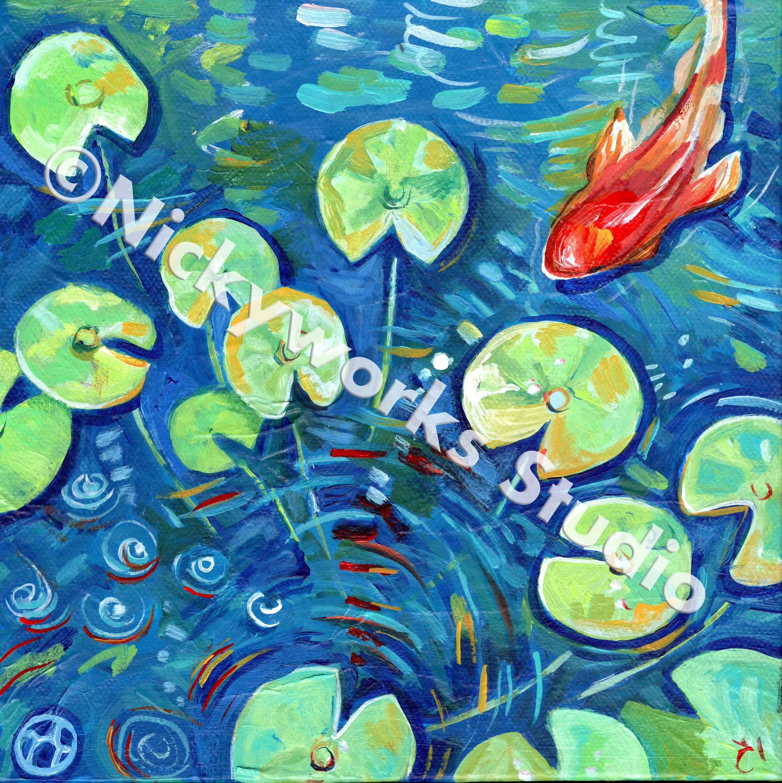 Koi painting, koi and lily pad painting