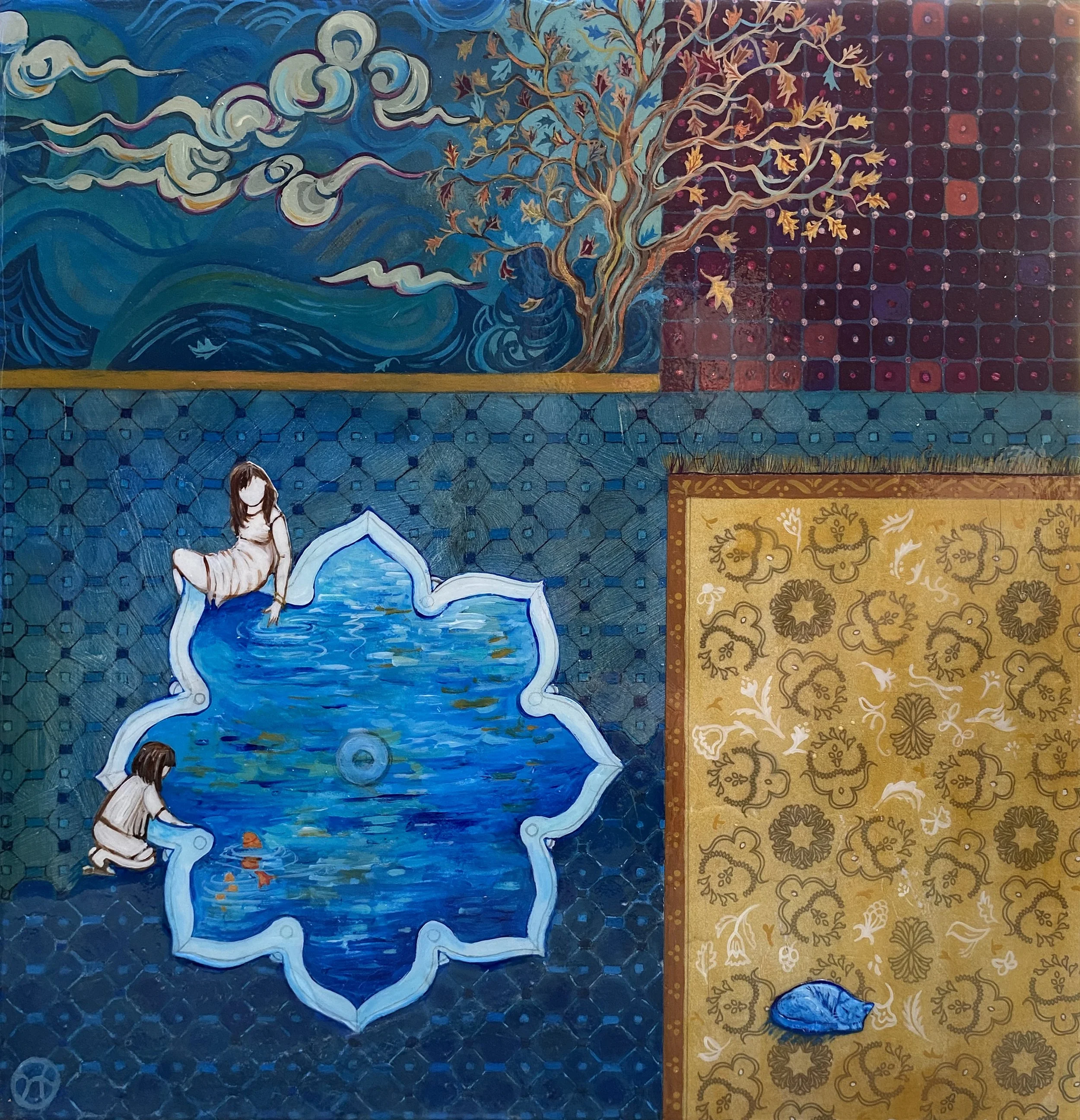 'The Blue Cat'
mixed media on wooden cradle panel
Part of the annual TC Iranian Cultural Exhibition