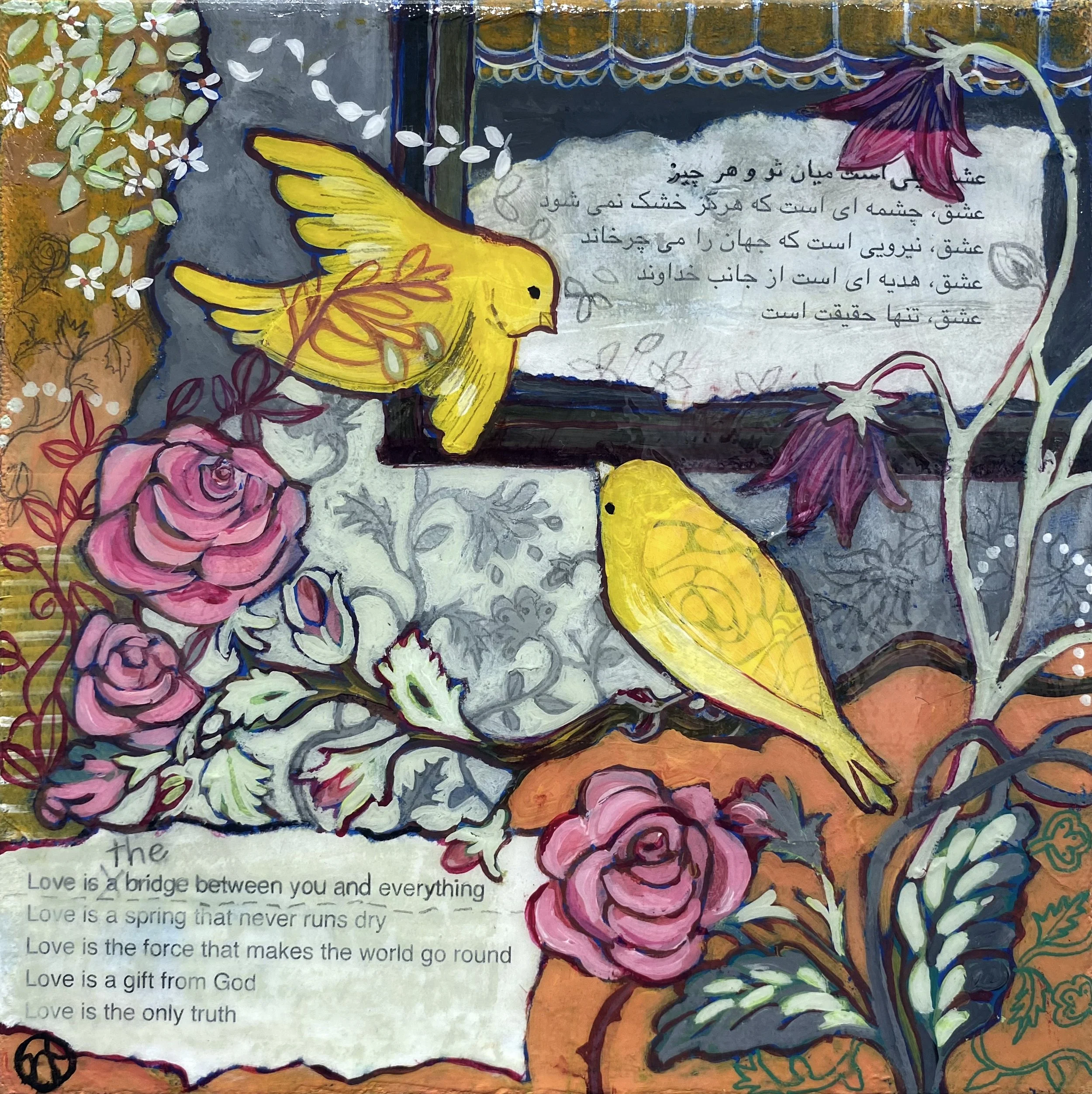 Bird painting, mixed media bird art, love