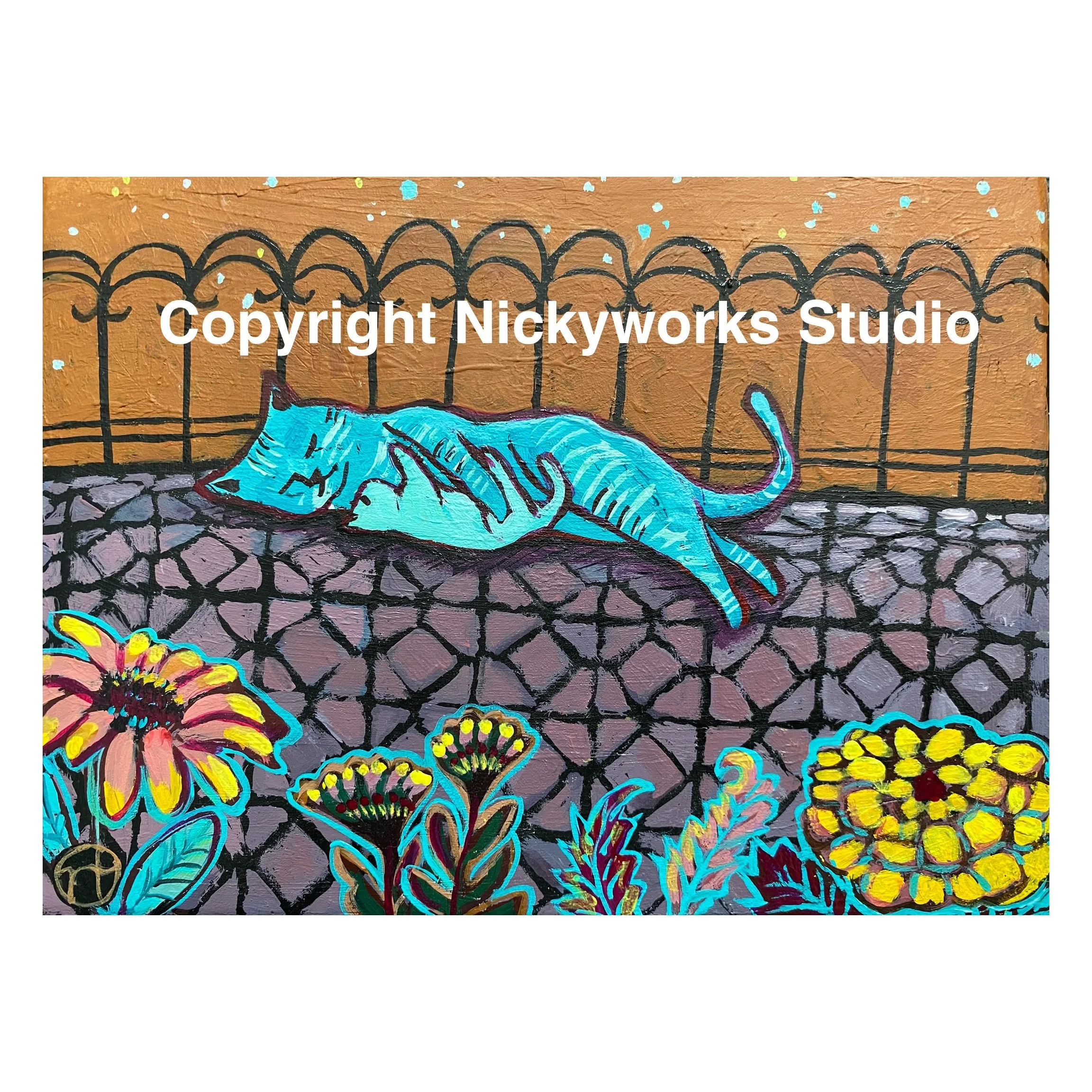 Blue cat mom and kitten painting