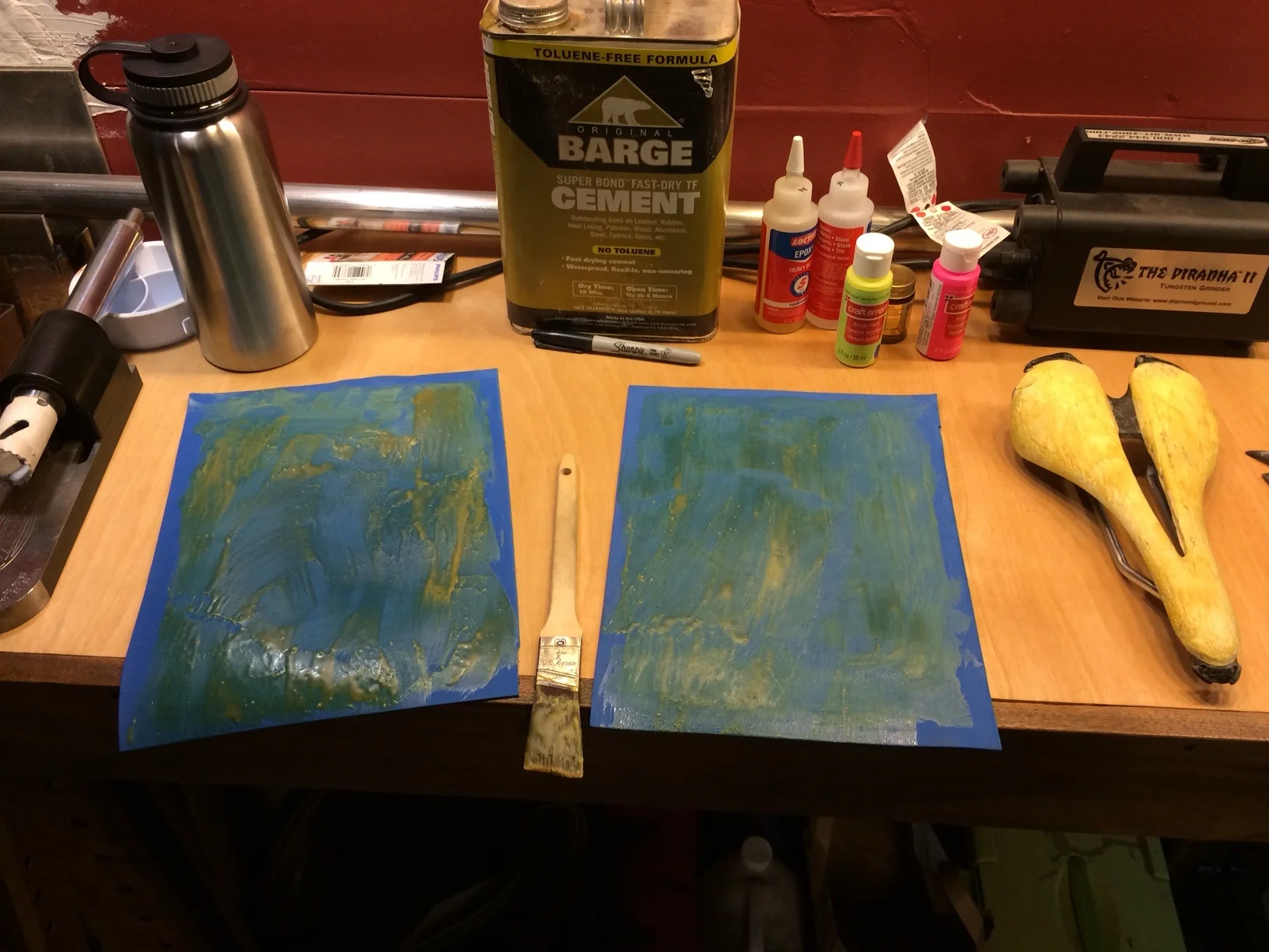 I feel at home doing this type of work (gluing foams) so I just start working like I know what i'm doing so pardon the caption if it's not what you're expecting. I'll try to be informative but not boring. I wanted to add some cushion because the old stuff had seen better days and because I wanted a nice new surface to glue the sweet "Kermit the frog green" I chose. I used 40 durometer which is pretty soft, two layers of 2mm. The Barges contact cement is what I used when I worked in the Orthotic industry and it's great for this application.