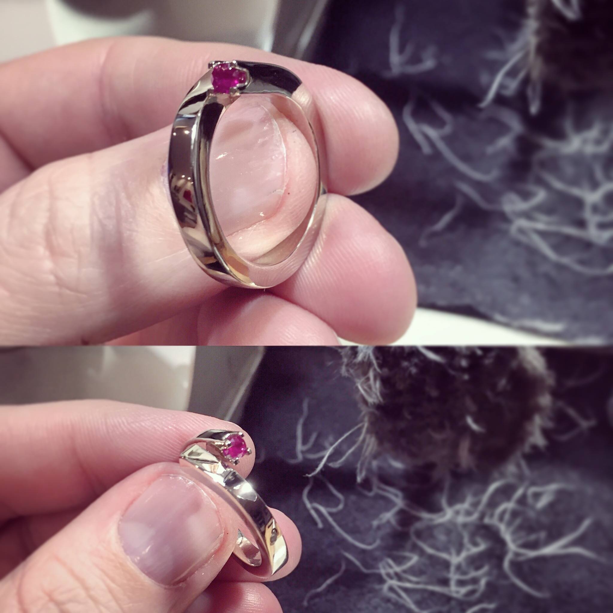 Polishing this 18K white gold and sparkly ruby wedding band to a mirror finish...